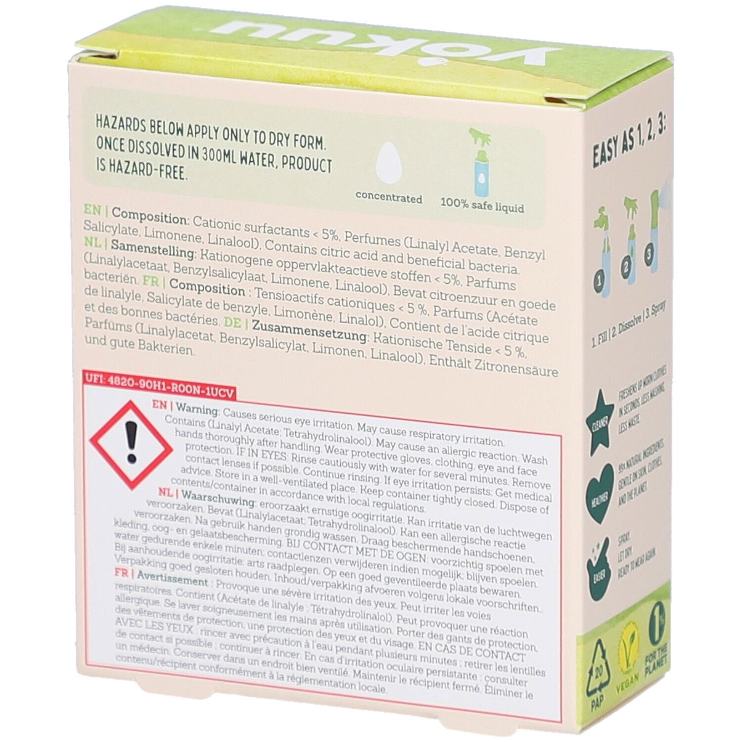 Rückseite der Kartonbox. Enthält Text in mehreren Sprachen, darunter Zusammensetzung und Warnhinweise. Illustrationen.