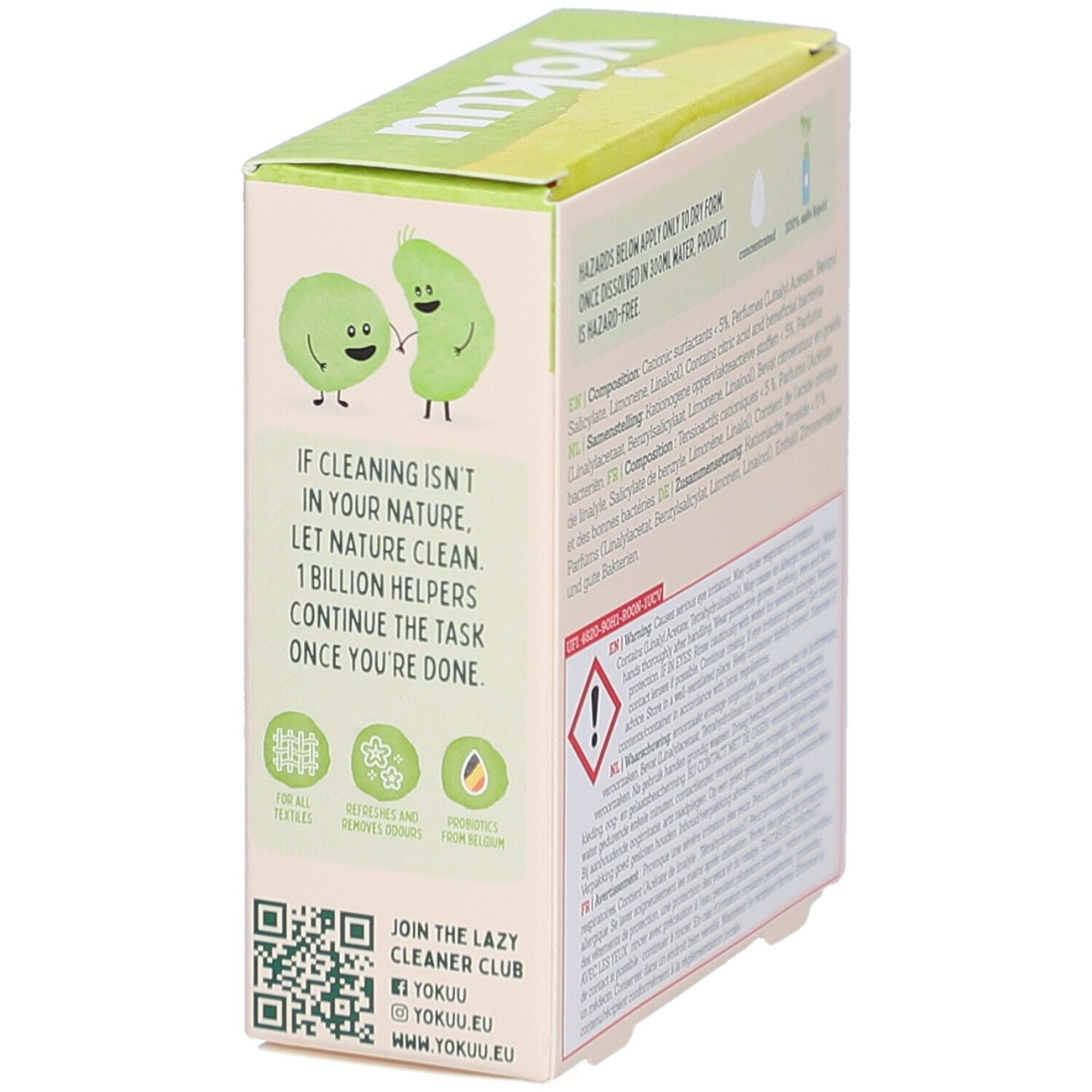 Kartonbox mit Produktaufdrucken. Aufschrift: Yokuu, Probiotic Clothing Refresher. Illustrationen von Figuren und Text.