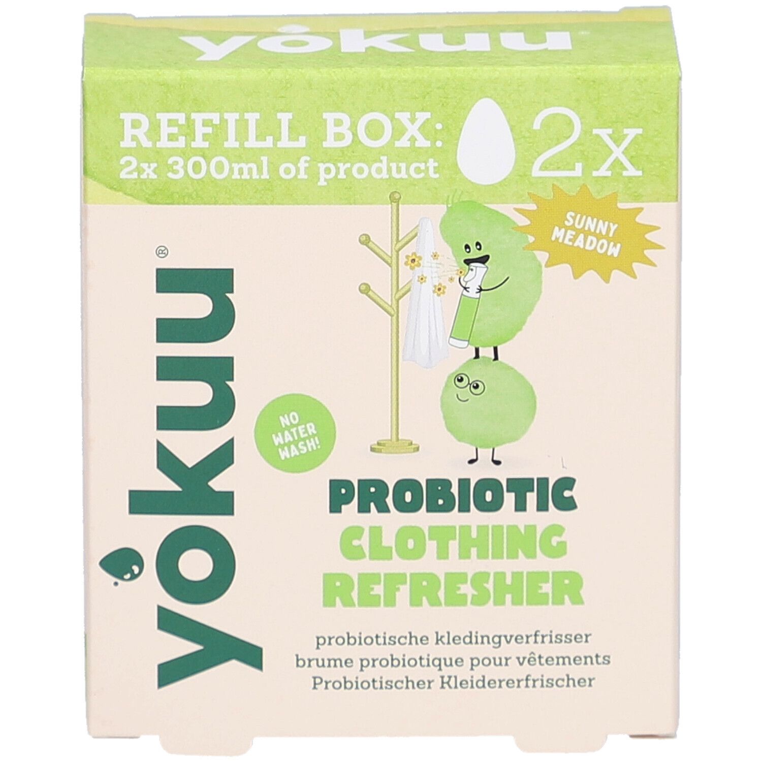 Kartonbox mit Produktaufdrucken. Aufschrift: Yokuu, Refill Box, Probiotic Clothing Refresher. Illustrationen von Figuren und Kleiderbügeln.