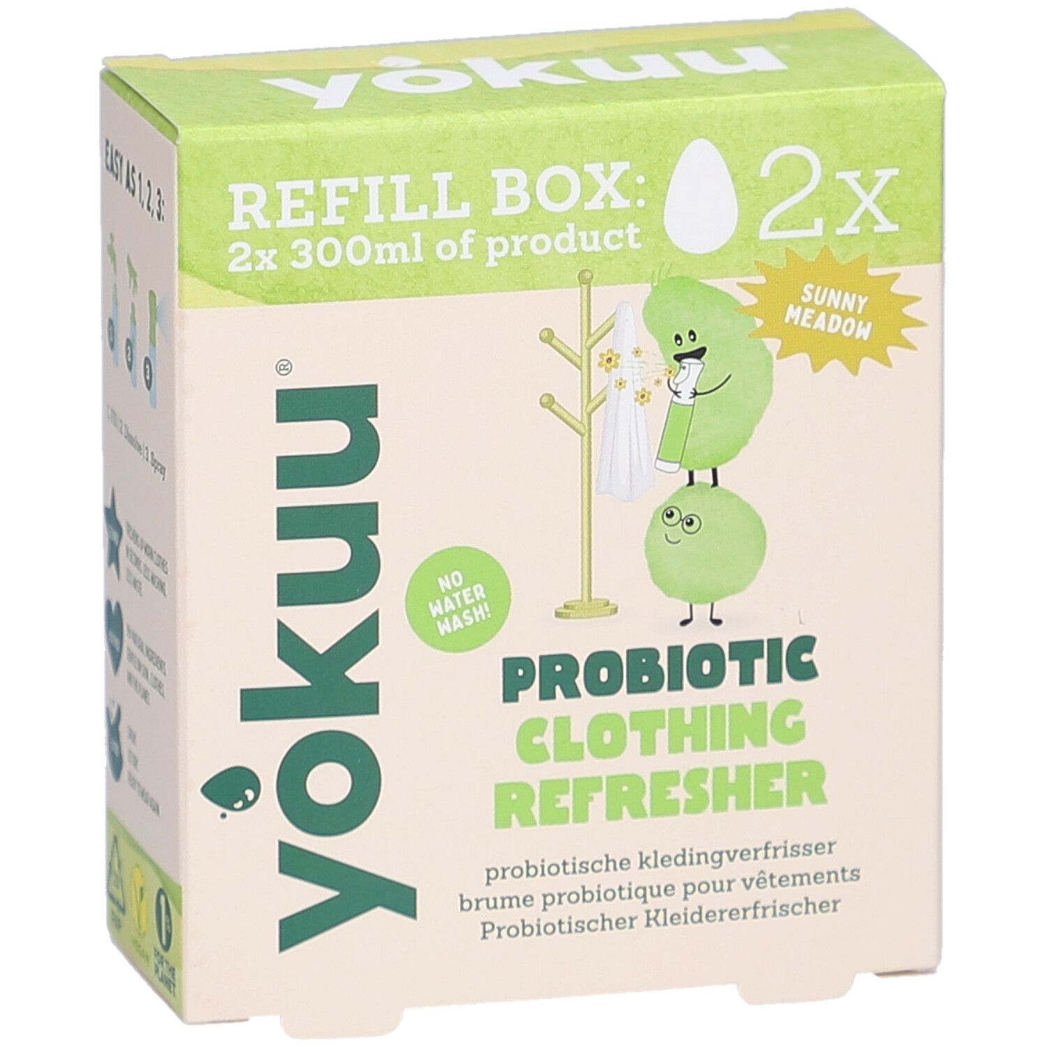 Kartonbox mit Produktaufdrucken. Aufschrift: Yokuu, Refill Box, Probiotic Clothing Refresher. Illustrationen von Figuren und Kleiderbügeln.