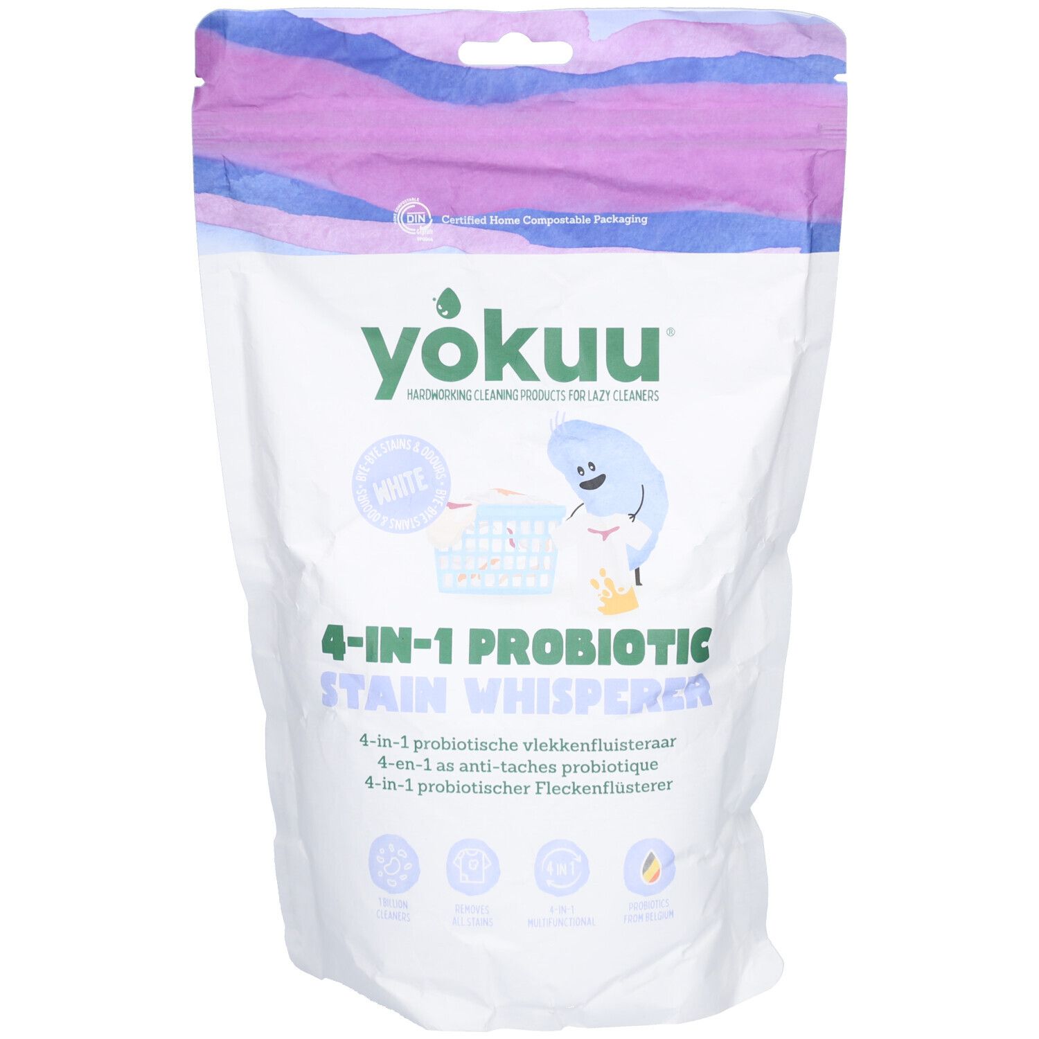 Weißer Beutel mit YOKUU-Logo und Aufschrift "4-IN-1 PROBIOTIC STAIN WHISPERER". Zertifizierte kompostierbare Verpackung.