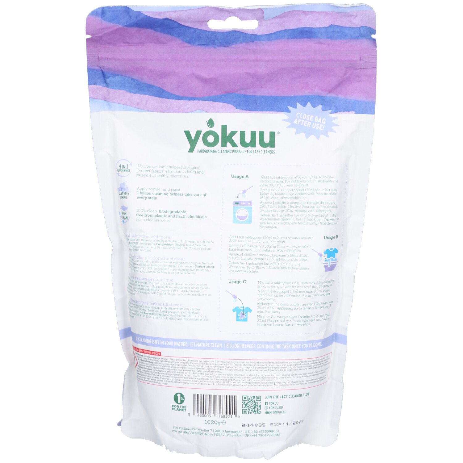 Rückseite des weißen YOKUU-Beutels. Enthält Anweisungen und Informationen. Gecertificeerde composteerbare verpakking.