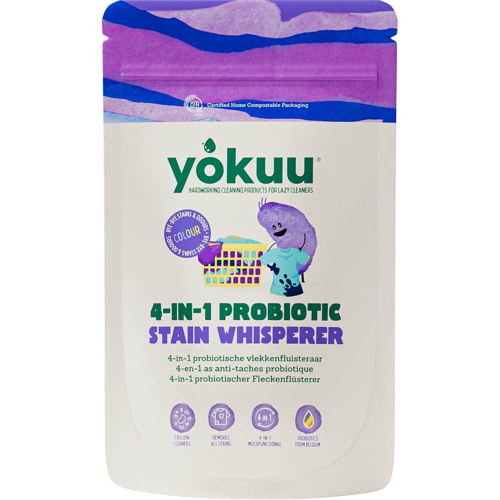 Sachet YOKUU Destainer Color Large. Inscription: 4-en-1 Probiotic Stain Whisperer. Illustration d'un personnage avec du linge.