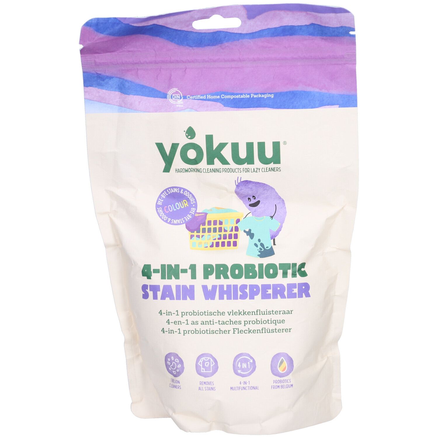 Beutel mit YOKUU Destainer Color Large. Aufdruck: 4-in-1 Probiotic Stain Whisperer. Zertifiziertes kompostierbares Verpackungsmaterial.