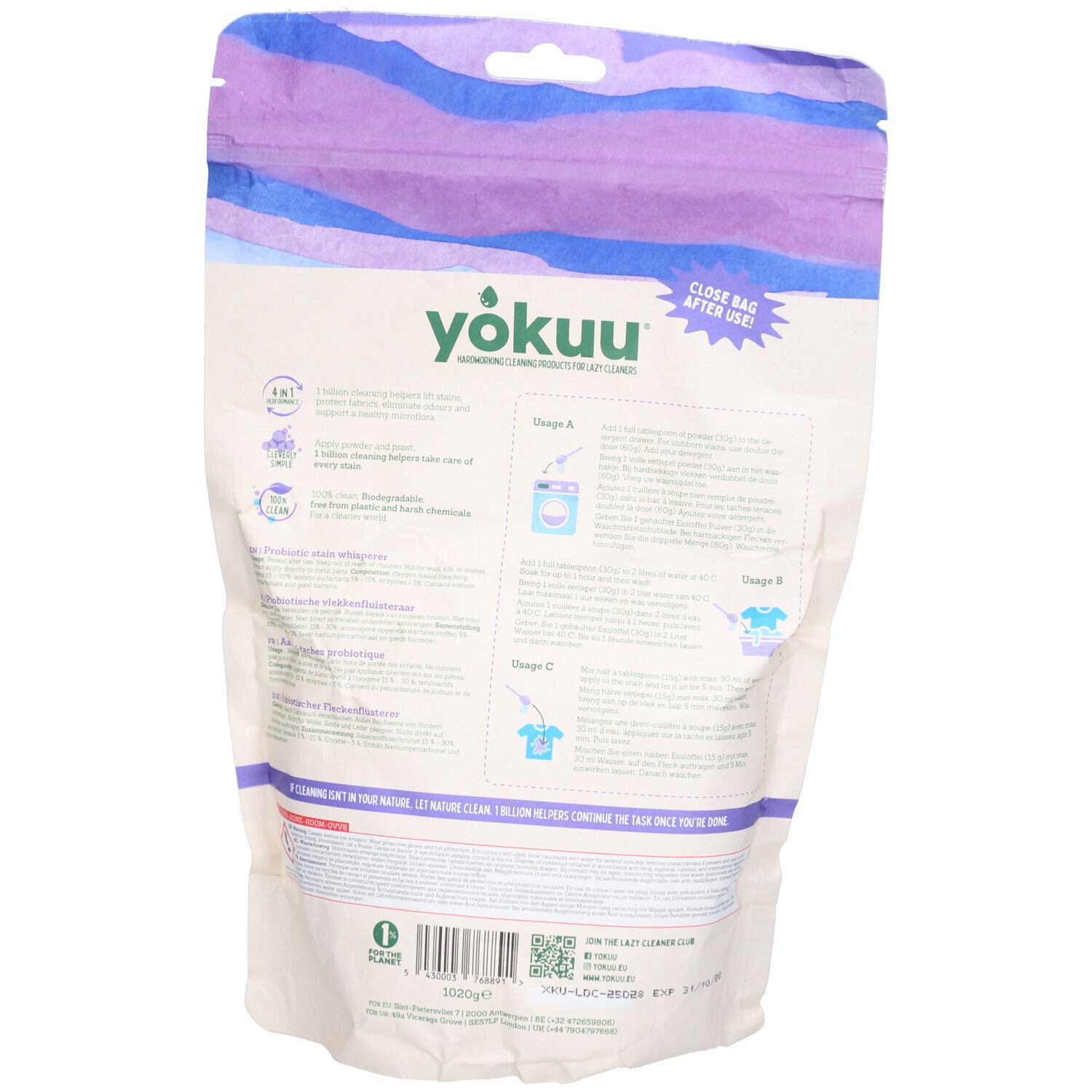 Rückseite des YOKUU Destainer Color Large Beutels. Text und Illustrationen zu Inhaltsstoffen und Anwendung.