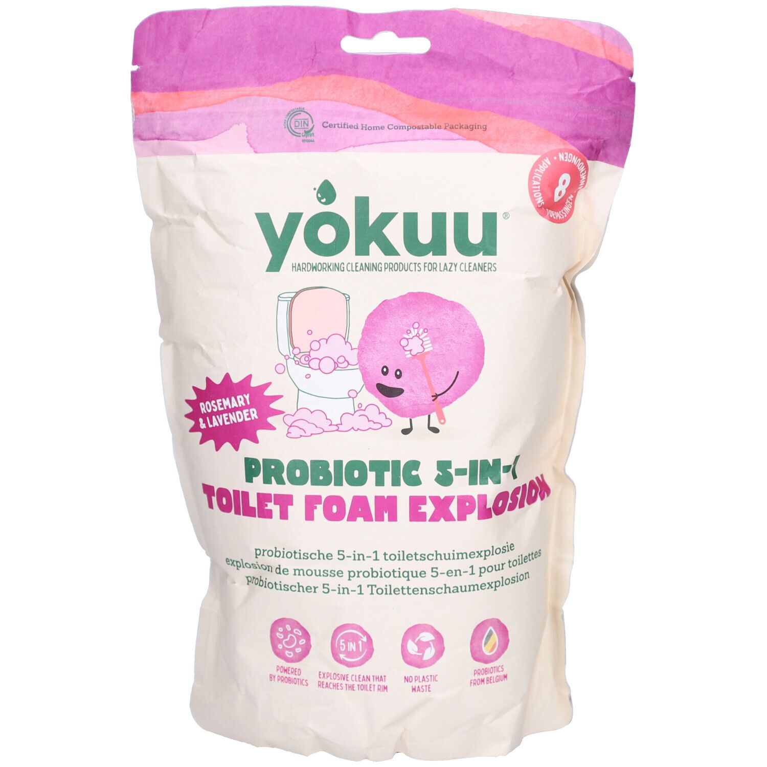 Beutel mit Produktaufdruck. Aufschrift: YOKUU, PROBIOTIC 3-IN-1 TOILET FOAM EXPLOSION. Enthält Rosmarin & Lavendel. Zertifizierungen.