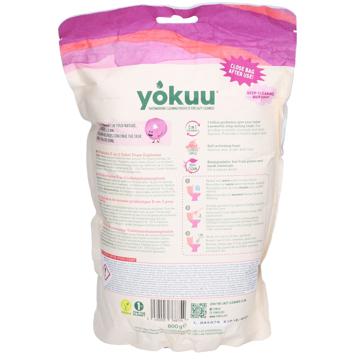 Rückseite der Produktverpackung. Text: YOKUU, PROBIOTIC 3-IN-1 TOILET FOAM EXPLOSION. Enthält Informationen und Anweisungen.