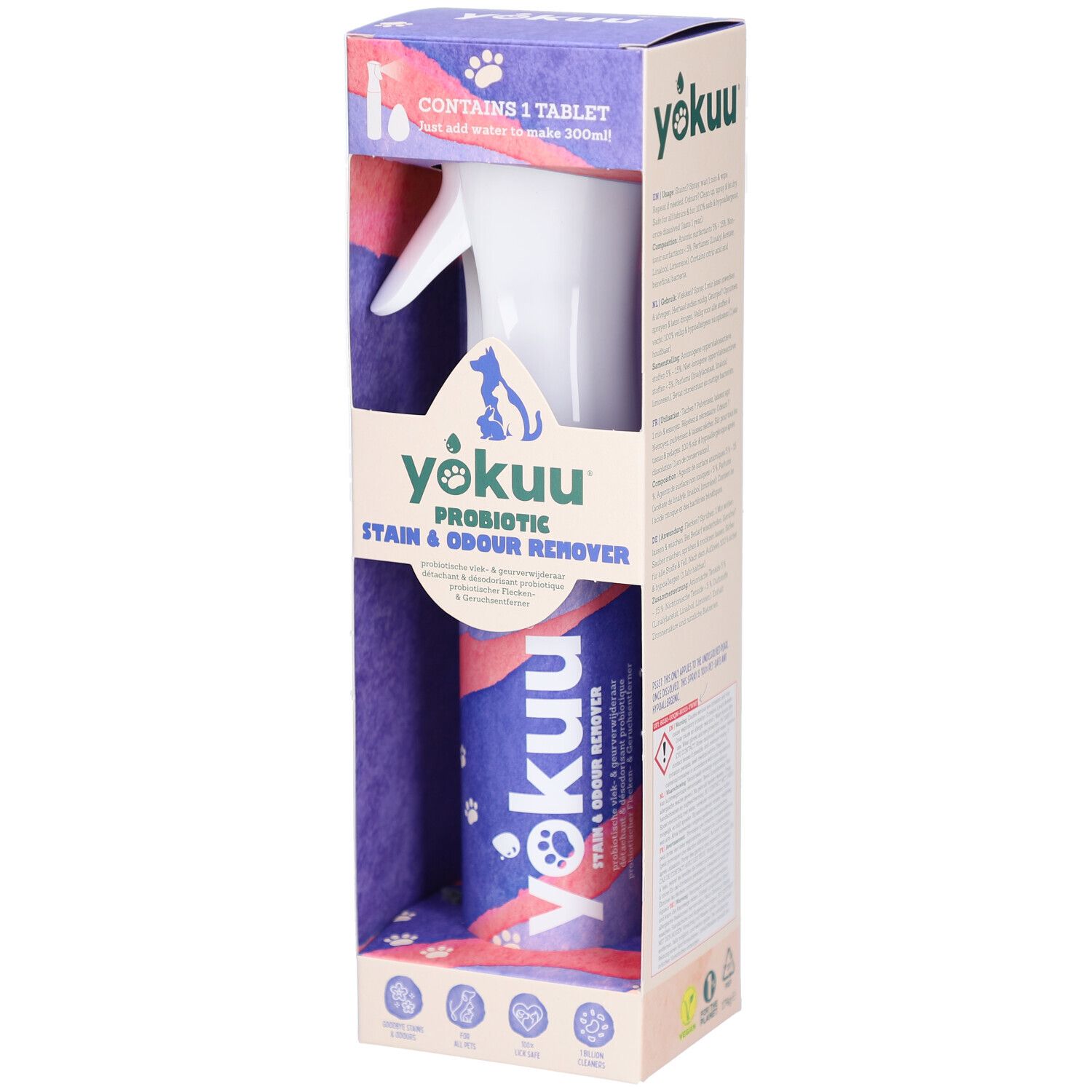 Yokuu Probiotisches Flecken- & Geruchsentferner-Set. Enthält Sprühflasche, Tablette und Reinigungstuch. Verpackung mit Produktansicht.