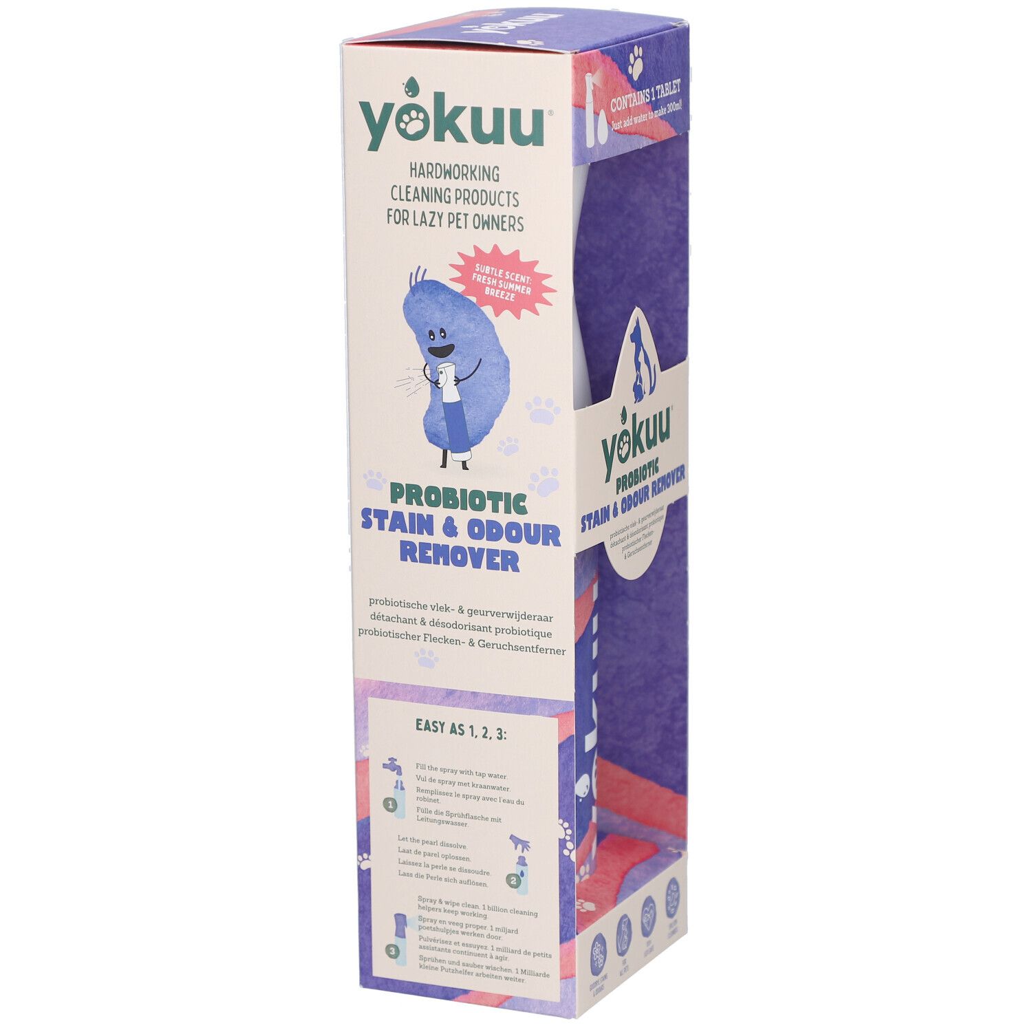 Yokuu-Verpackung mit Produktinformationen. Enthält Text und Illustrationen. Zeigt die Anwendung in 3 Schritten.