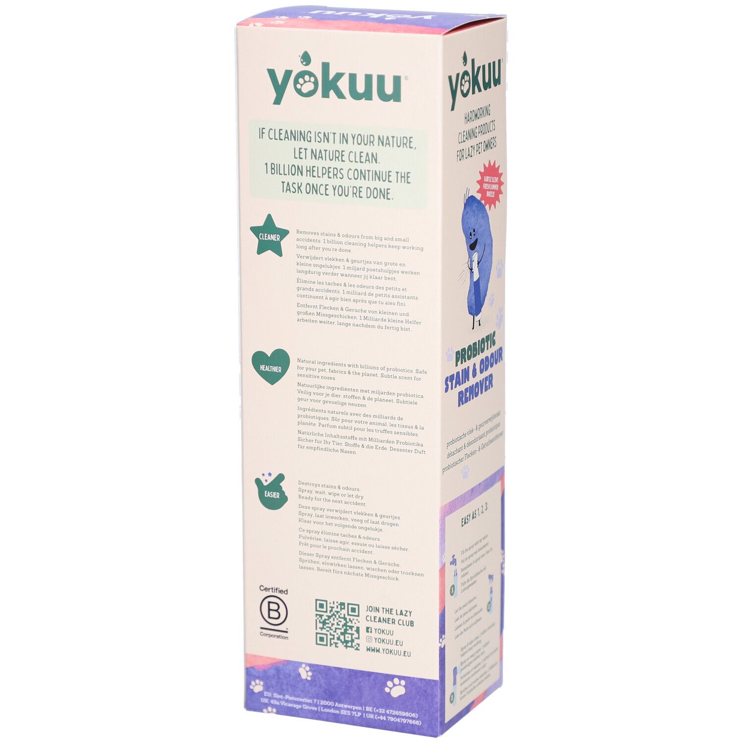 Yokuu-Verpackung mit Text und Logos. Enthält Informationen über die Inhaltsstoffe und Zertifizierungen.