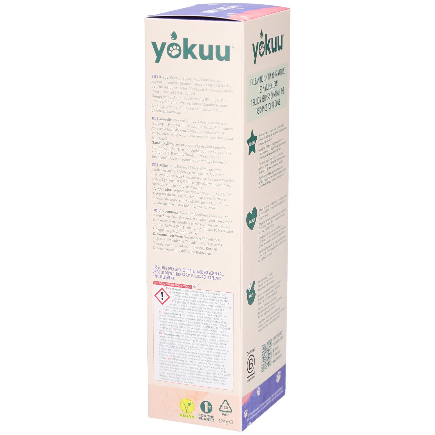 Rückseite der Yokuu-Verpackung. Enthält Text, Warnhinweise und Informationen zur Anwendung.