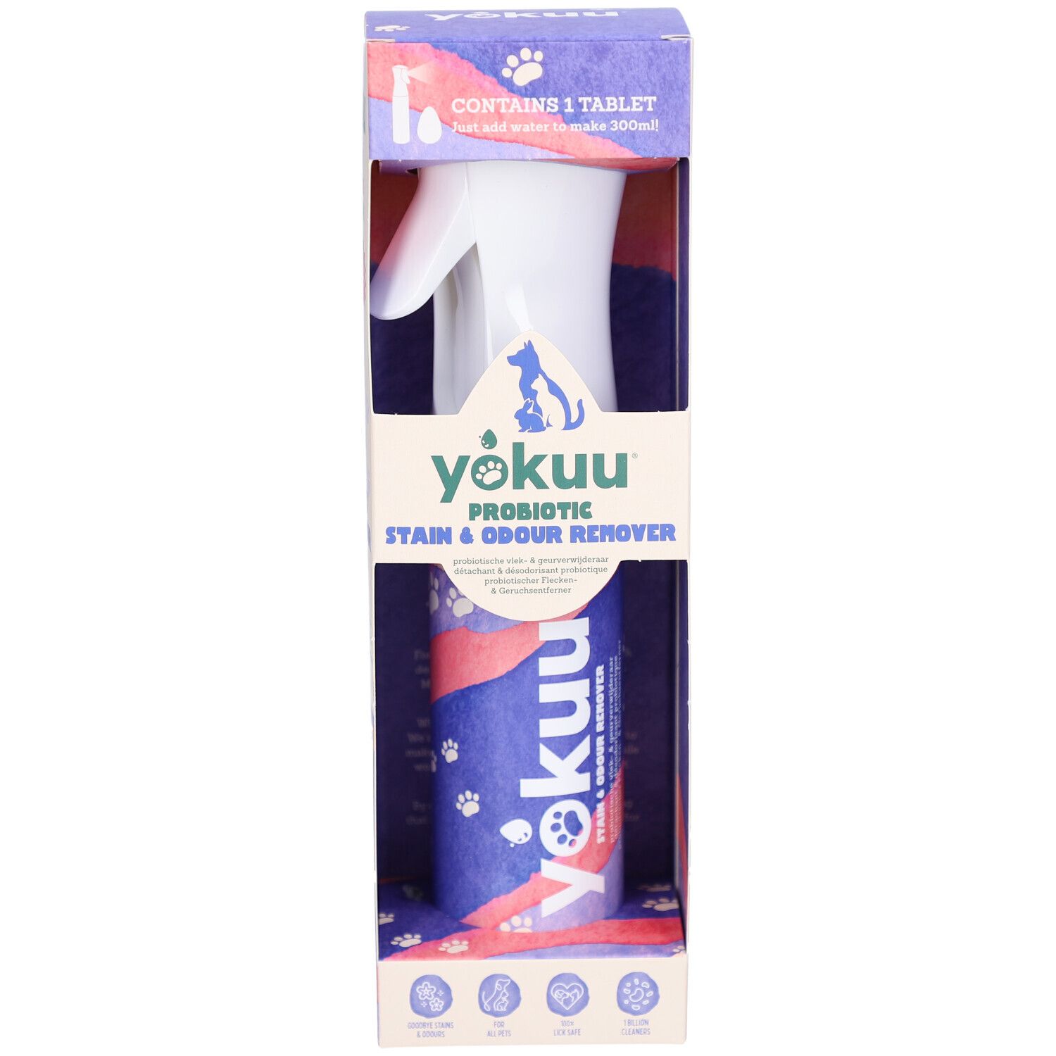 Yokuu-Set mit Sprühflasche, Tablette und Reinigungstuch. Produkt in der Verpackung. Enthält Produktinformationen.