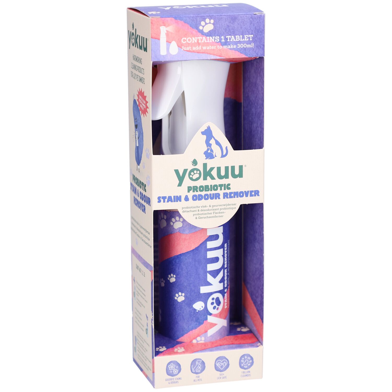 Yokuu-Set mit Sprühflasche, Tablette und Reinigungstuch. Produkt in der Verpackung. Enthält Produktinformationen.