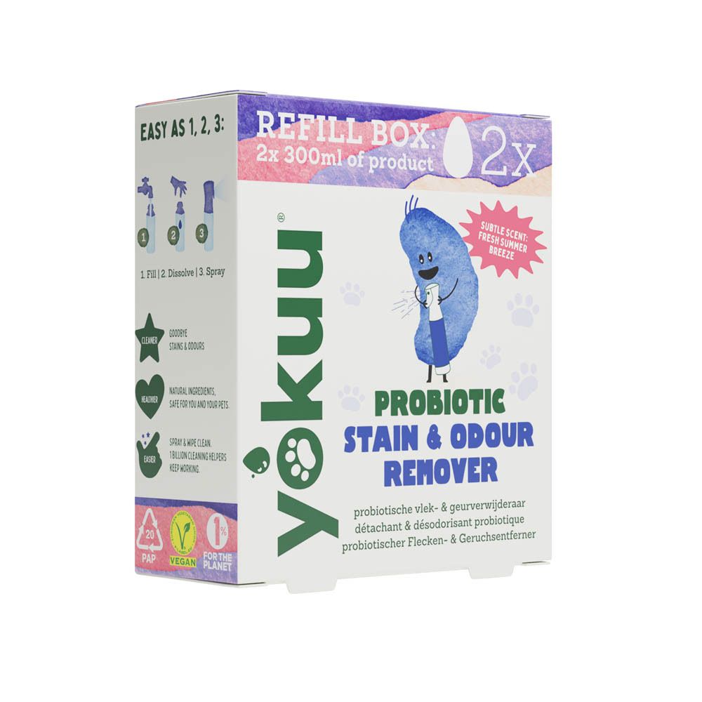 Boîte Yokuu avec instructions. Contient 2x 300ml de produit. Instructions: 1. Remplir 2. Dissoudre 3. Vaporiser.