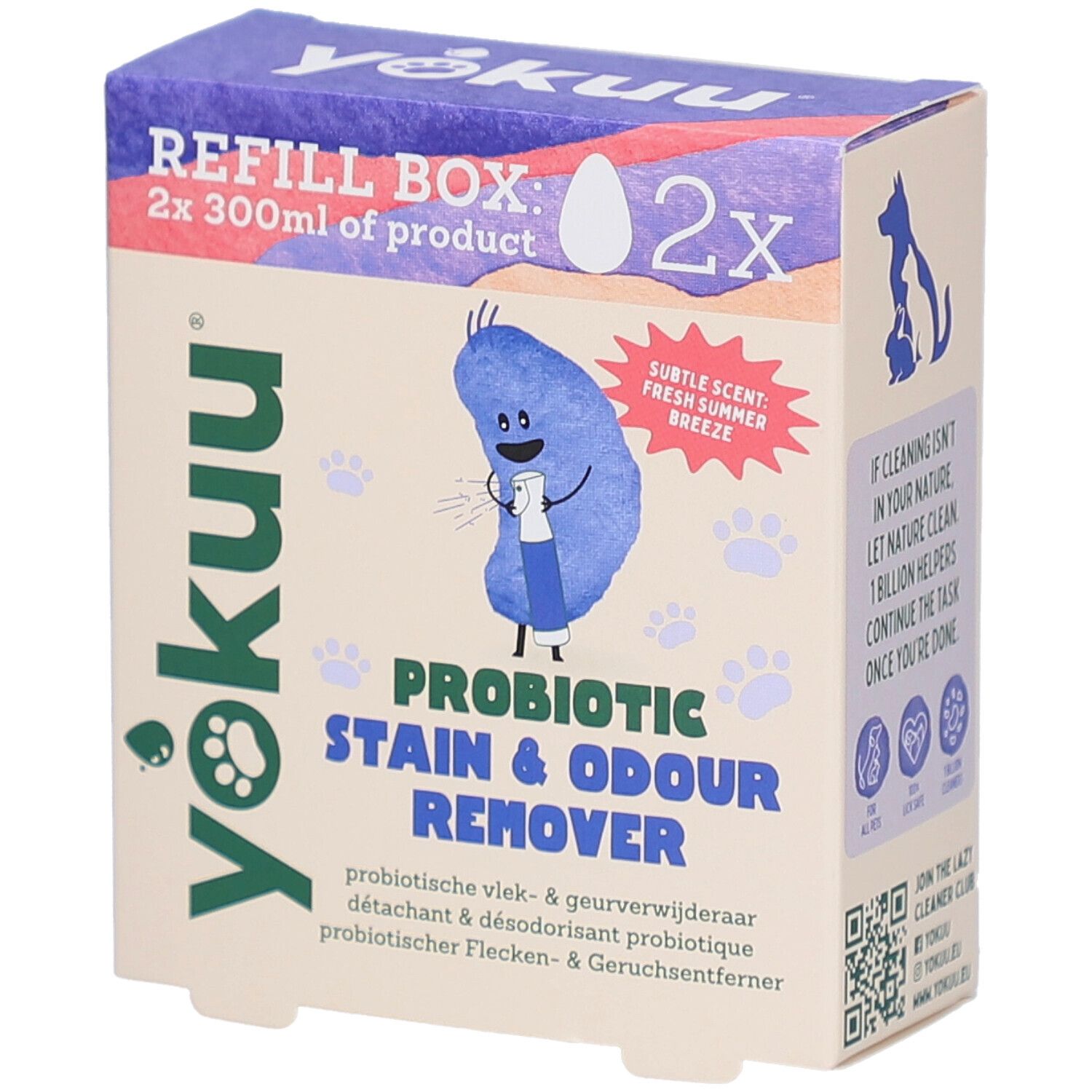 Kartonbox mit Yokuu-Logo und Produktinformationen. Enthält 2x 300ml Produkt. Probiotischer Flecken- & Geruchsentferner.