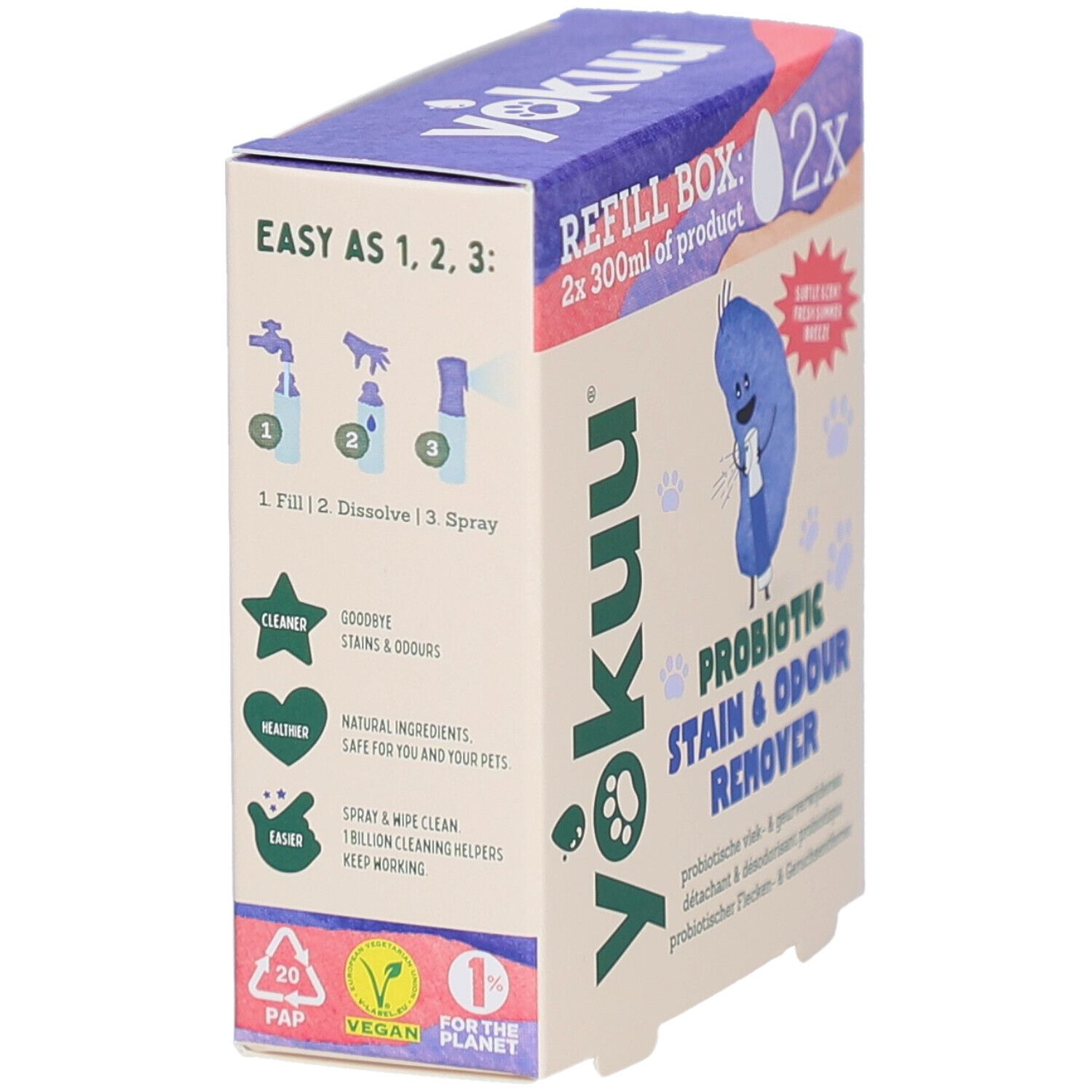 Yokuu-Box mit Produktinformationen. Enthält 2x 300ml Produkt. Anleitung: 1. Füllen 2. Auflösen 3. Sprühen.