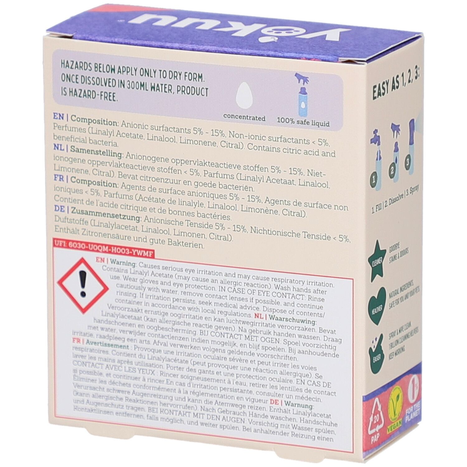 Rückseite der Yokuu-Box mit Inhaltsstoffen und Warnhinweisen. Enthält 2x 300ml Produkt.