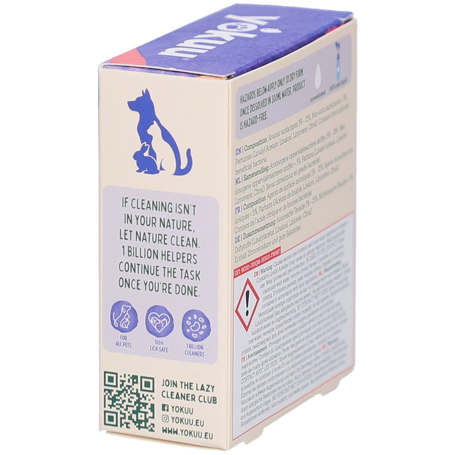 Rückseite der Yokuu-Box mit Logo und Text. Enthält 2x 300ml Produkt. Für alle Haustiere, 1 Milliarde Helfer.