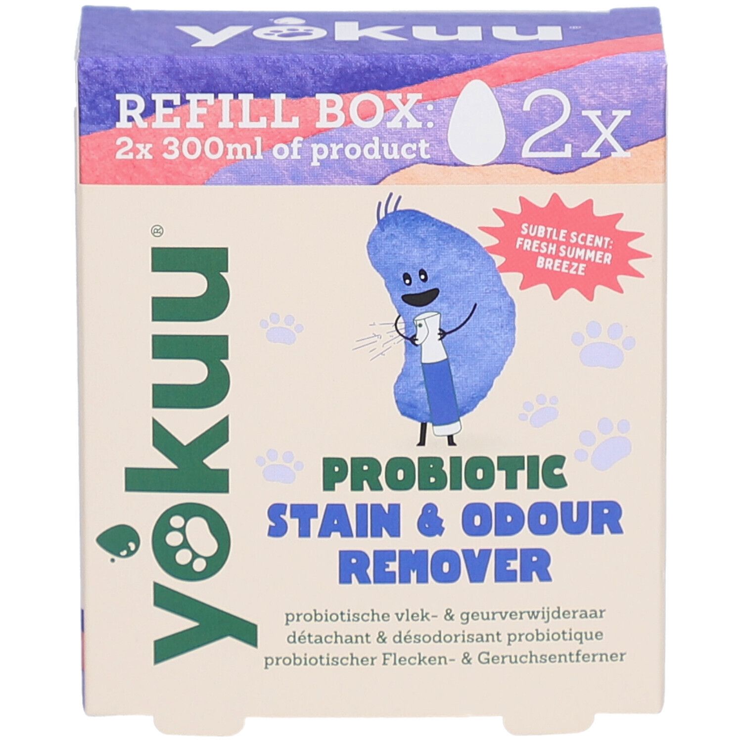 Yokuu-Box mit Produktinformationen. Enthält 2x 300ml Produkt. Probiotischer Flecken- & Geruchsentferner.