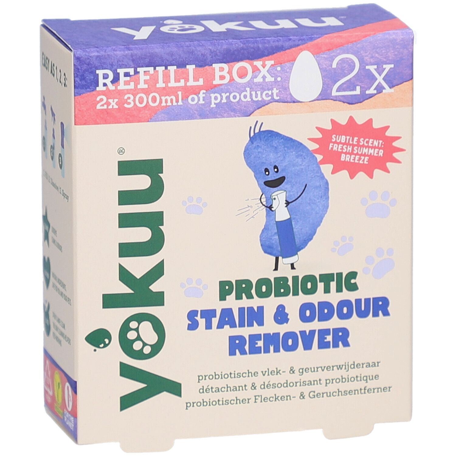 Yokuu-Box mit Produktinformationen. Enthält 2x 300ml Produkt. Probiotischer Flecken- & Geruchsentferner.