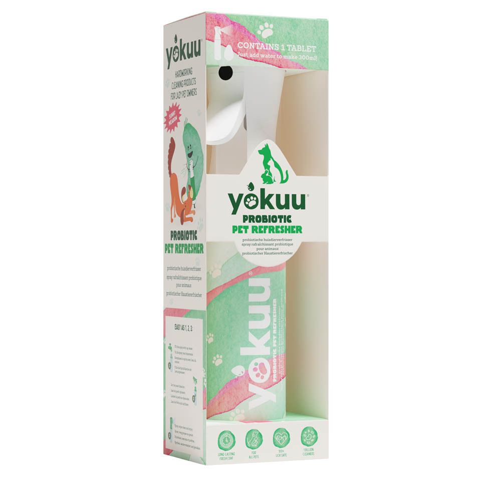 Yokuu Rafraîchisseur Probiotique pour Animaux en emballage. Flacon pulvérisateur blanc. Texte: Rafraîchisseur Probiotique.