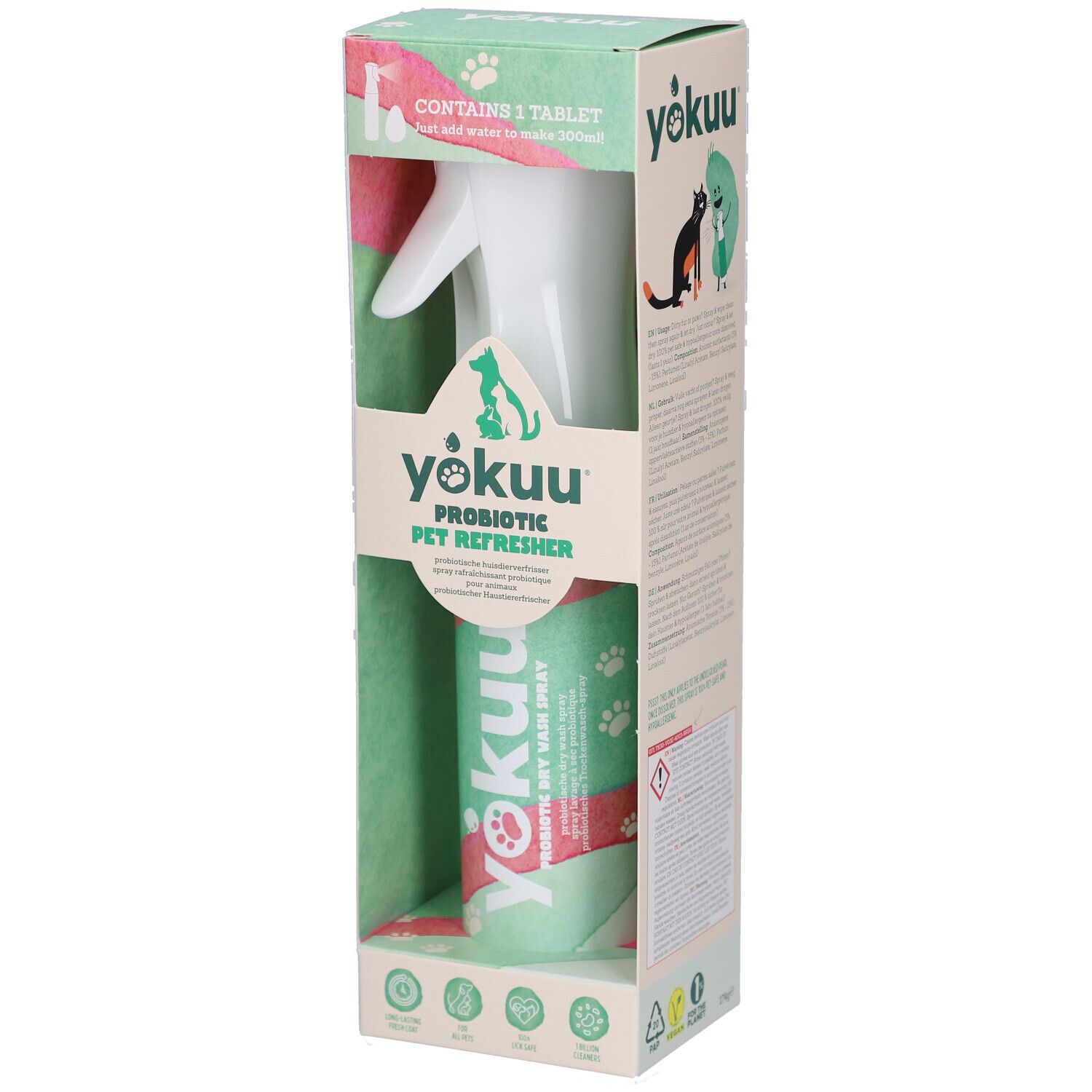 Yokuu Probiotisches Tier-Erfrischungsspray. Weiße Sprühflasche und grüne Verpackung. Enthält 1 Tablette.