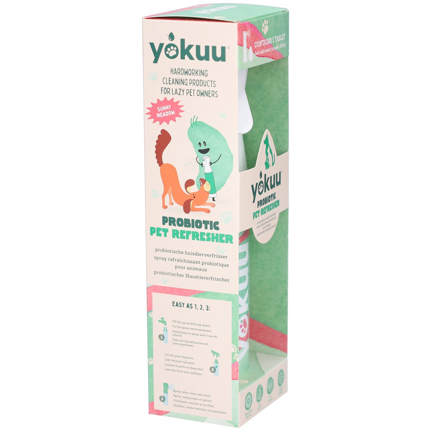 Yokuu Probiotisches Tier-Erfrischungsspray in Verpackung. Illustrationen von Tieren. Text: Probiotischer Tier-Erfrischer.