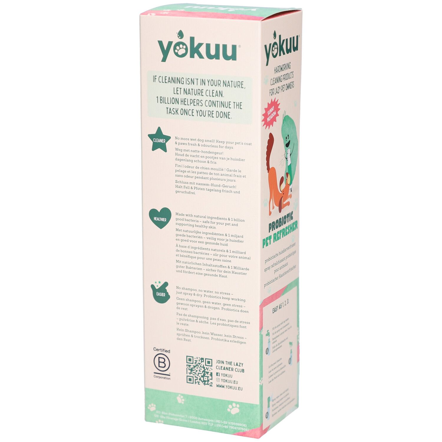 Verpackung von Yokuu Probiotisches Tier-Erfrischungsspray. Text und Illustrationen. B Corp-Zertifizierung.