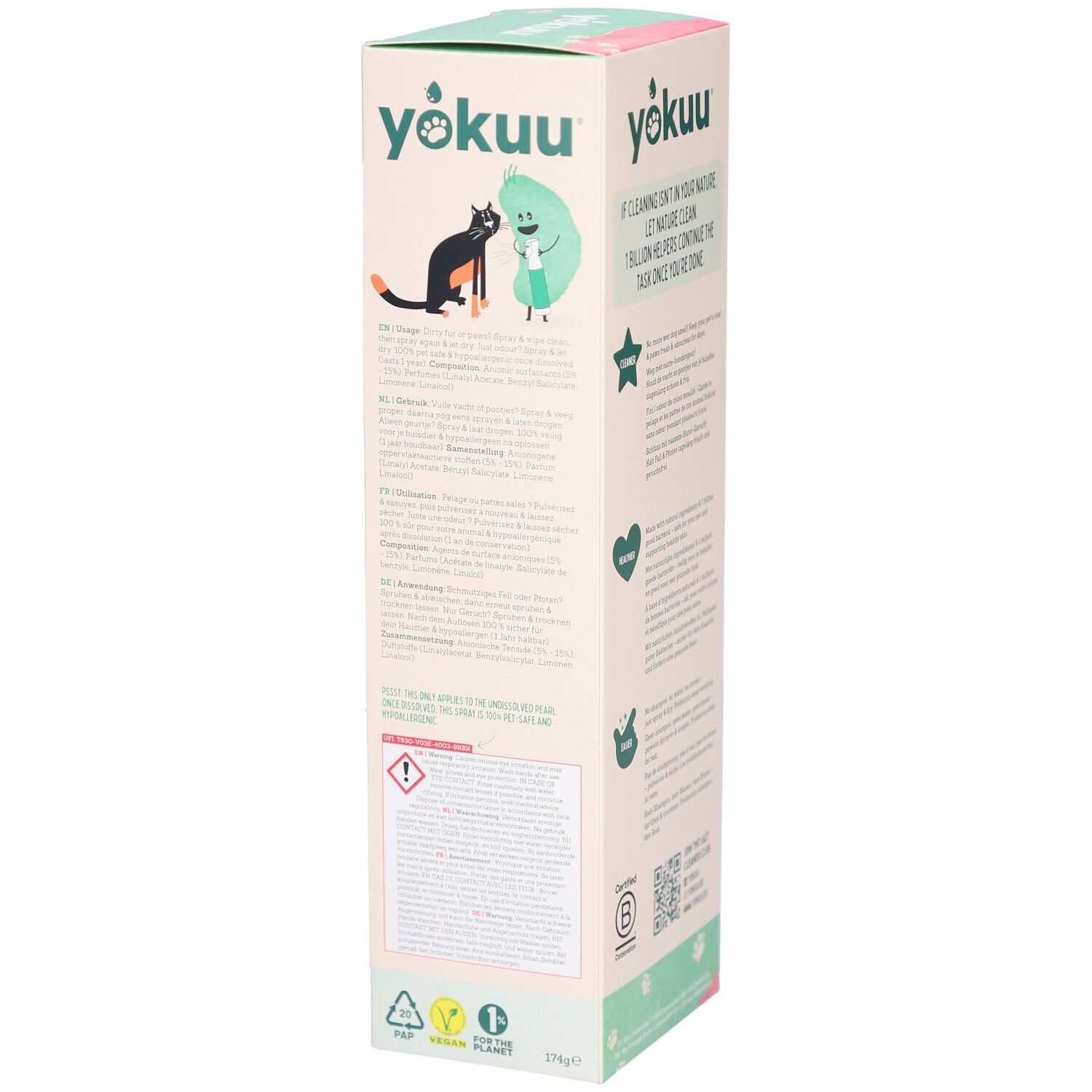 Rückseite der Yokuu Probiotisches Tier-Erfrischungsspray Verpackung. Text und Illustrationen. Gefahrenhinweis.