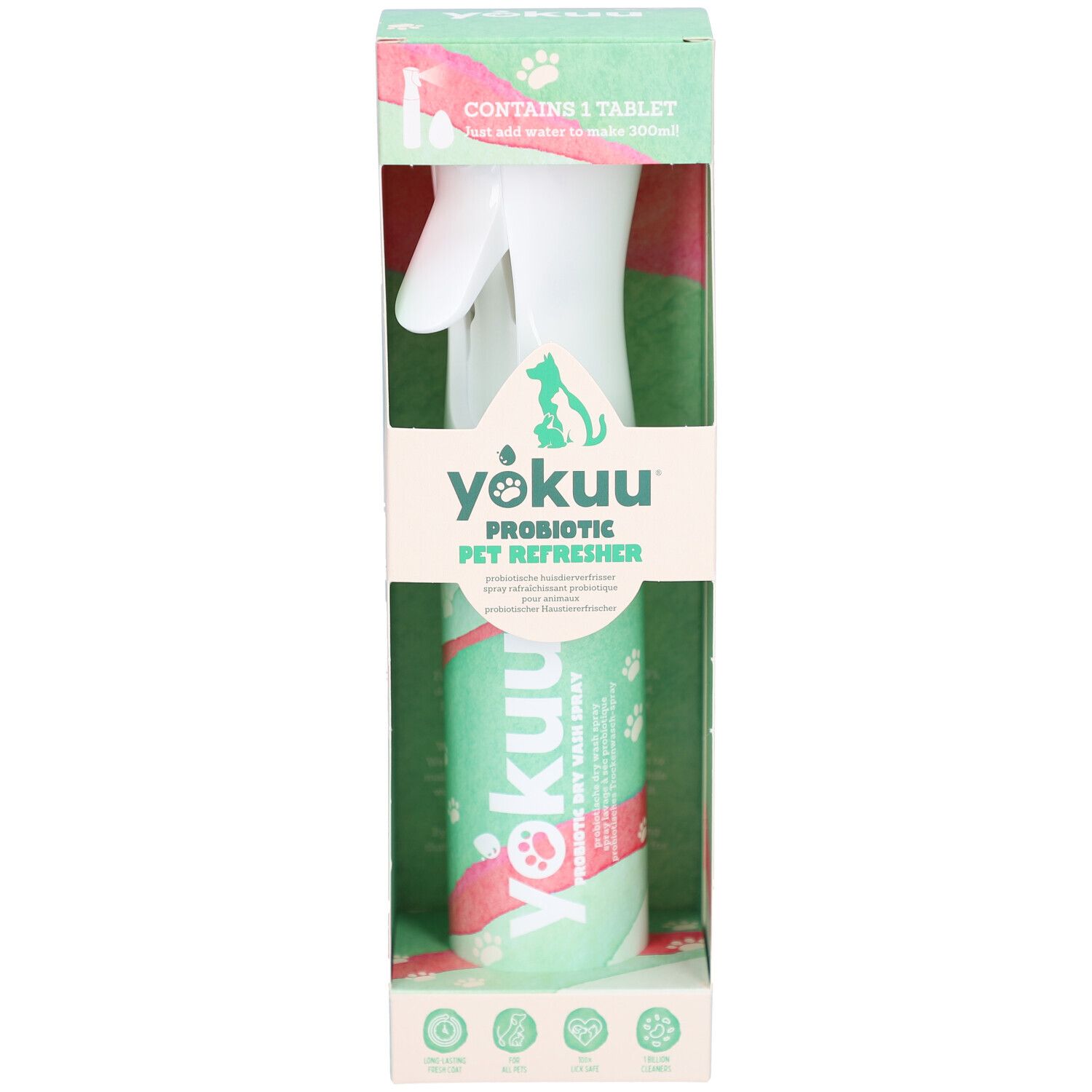 Yokuu Probiotisches Tier-Erfrischungsspray in Verpackung. Weiße Sprühflasche. Text: Probiotischer Tier-Erfrischer.