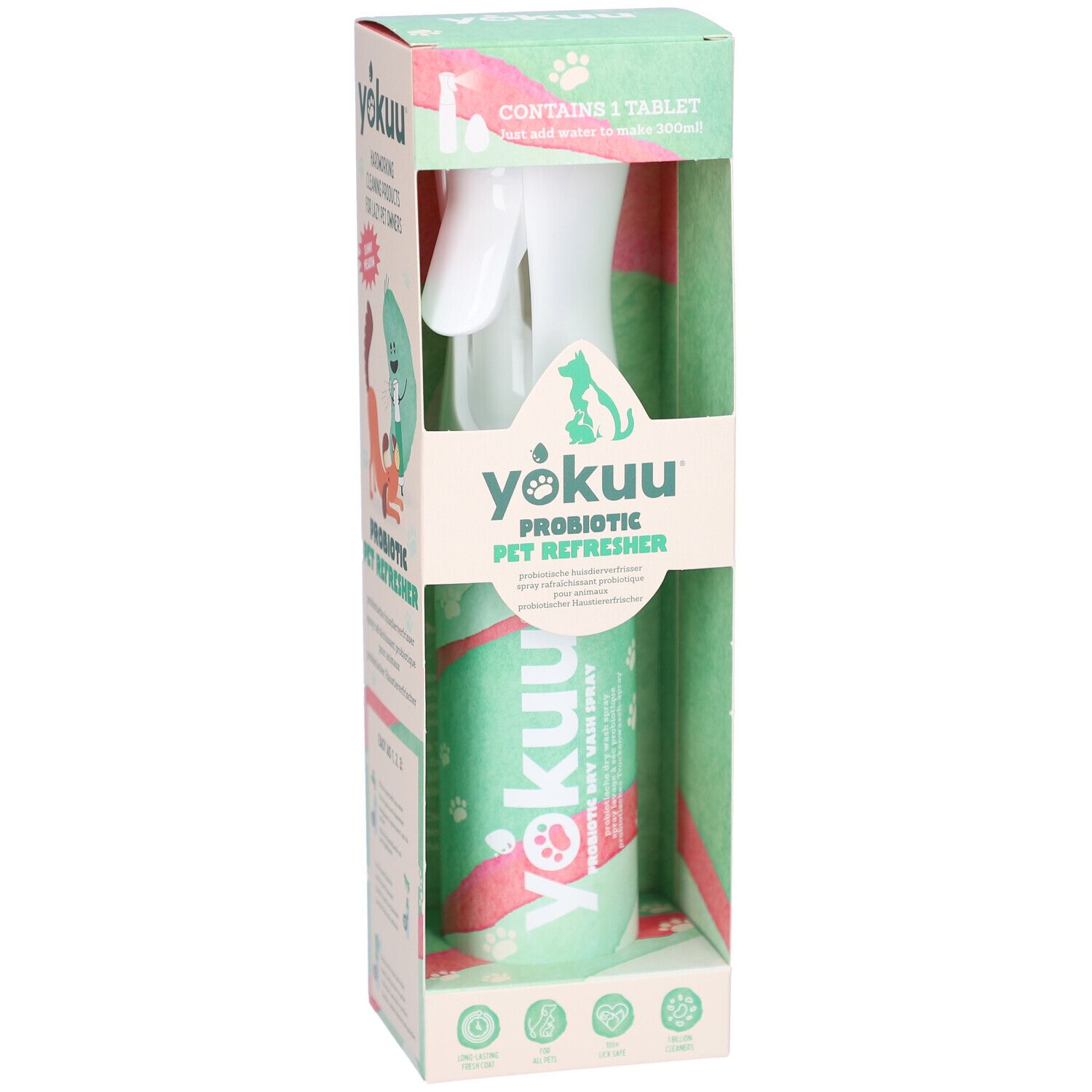 Yokuu Probiotisches Tier-Erfrischungsspray in Verpackung. Weiße Sprühflasche. Text: Probiotischer Tier-Erfrischer.