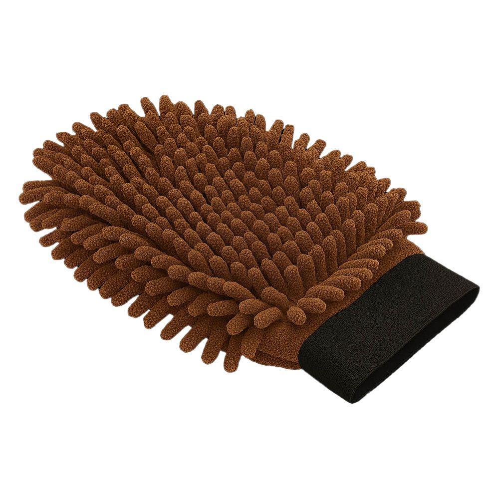 Gant de toilette marron avec picots. Finition noire. Pour chiens.