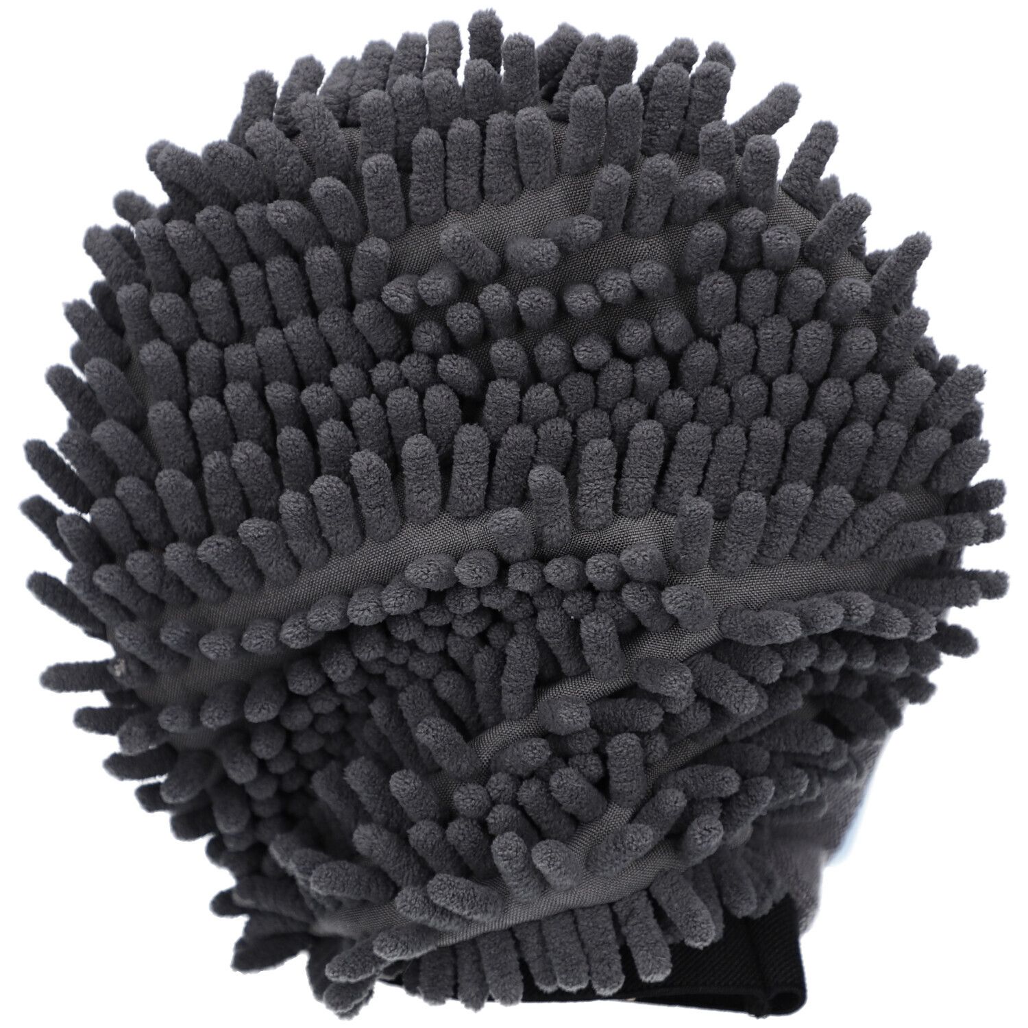 Grauer, runder Waschhandschuh mit Noppen. Mikrofaser-Material. Für Hunde.
