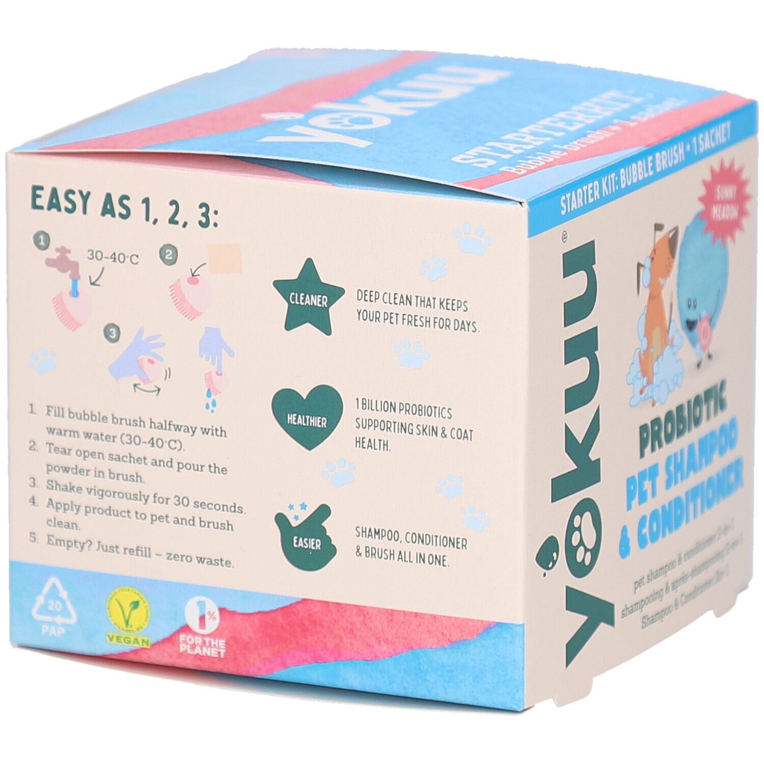 Rückseite der Starter-Kit-Box. Anweisungen in 5 Schritten. Enthält Informationen zu Inhaltsstoffen und Warnhinweisen.