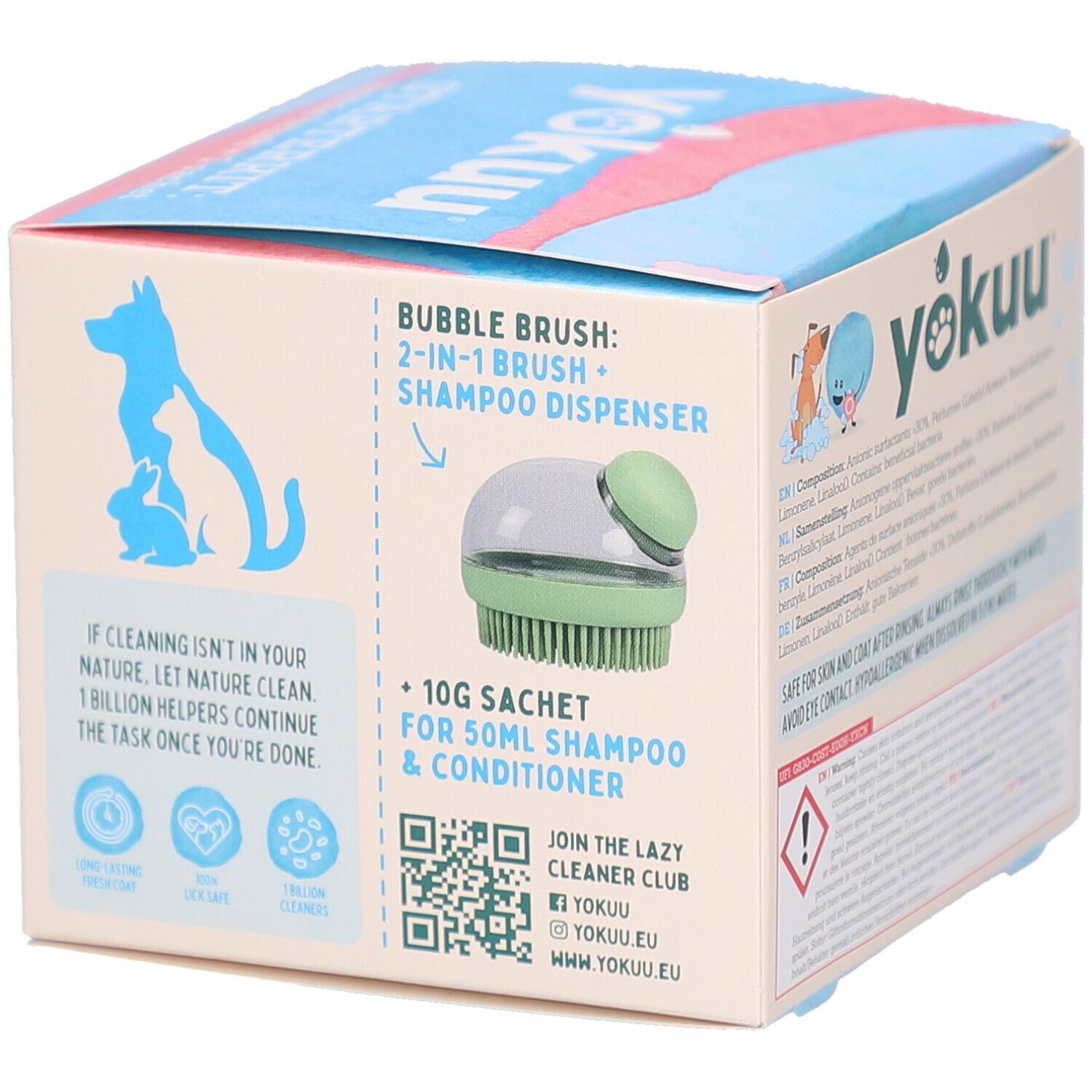 Box mit Bubble Brush und 10g Sachet. Enthält Informationen zur Anwendung und Kontaktinformationen.