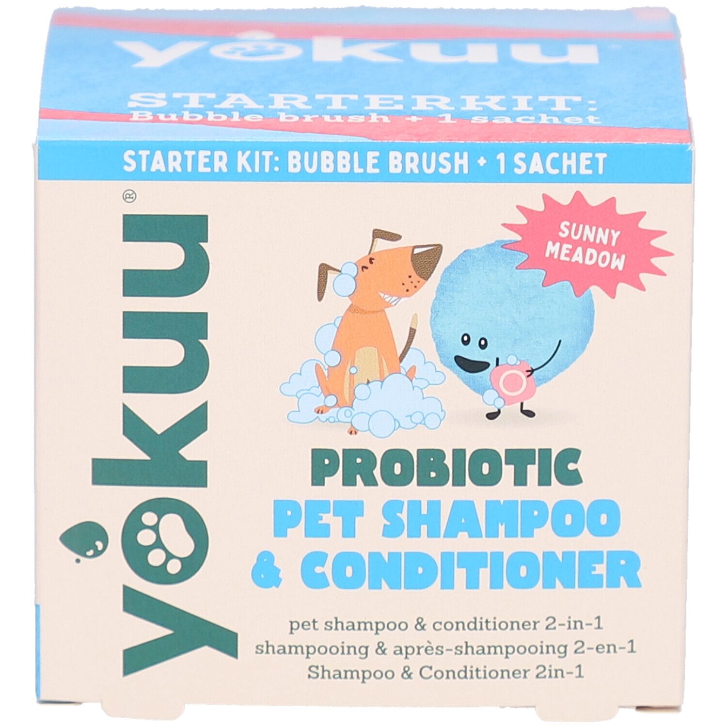 Vorderseite der Starter-Kit-Box. Enthält Bubble Brush und 1 Sachet. Aufschrift: Probiotisches Shampoo & Conditioner für Haustiere.