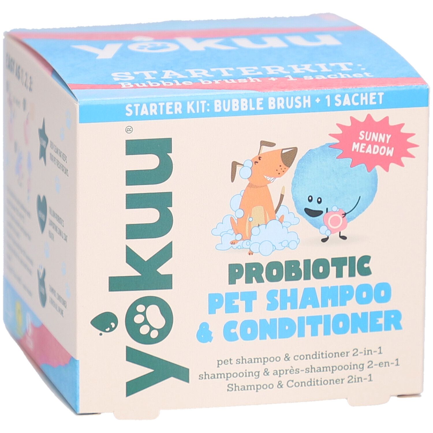 Starter-Kit-Box. Enthält Bubble Brush und 1 Sachet. Aufschrift: Probiotisches Shampoo & Conditioner für Haustiere.