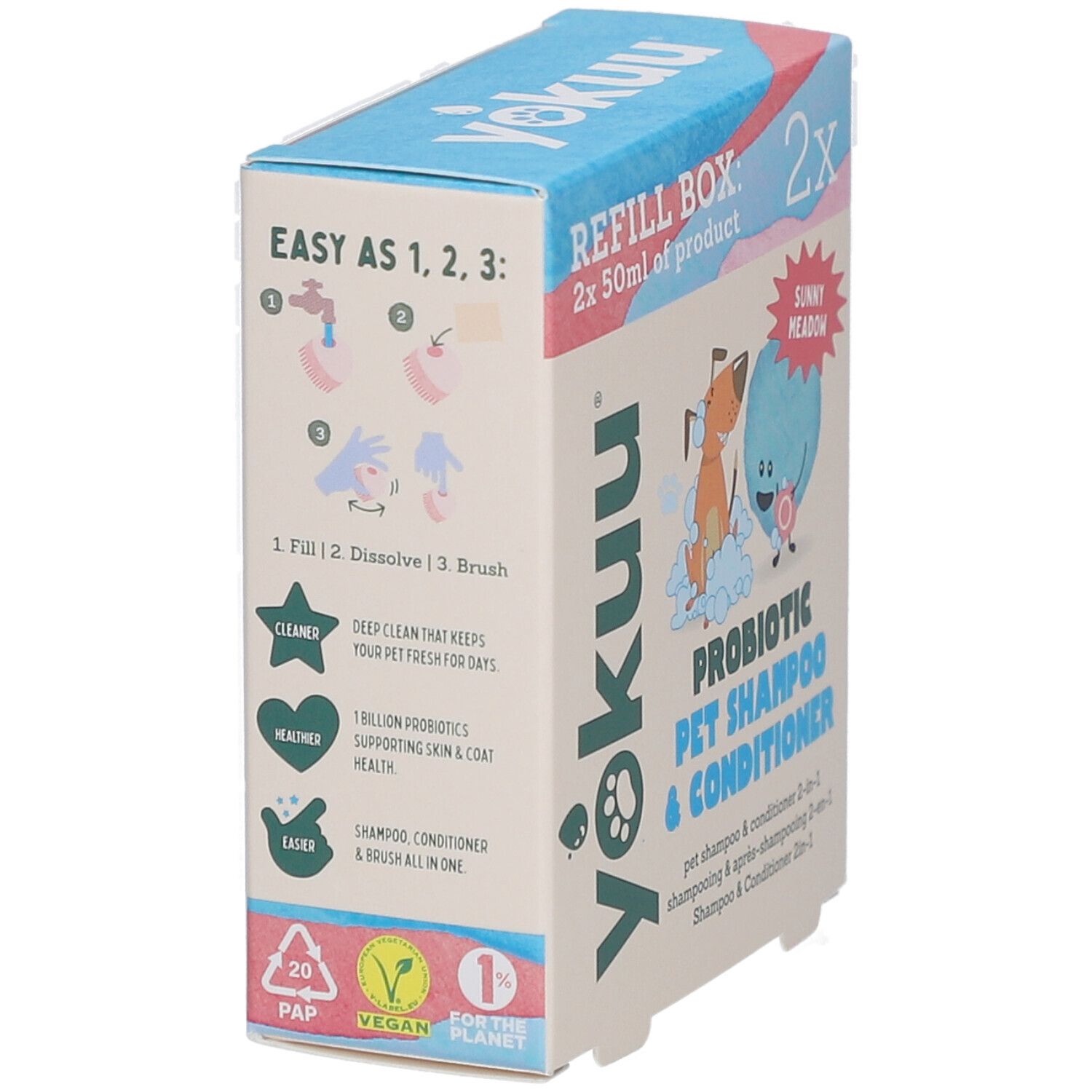 Kartonbox mit Yokuu Probiotic Pet Shampoo & Conditioner. Rückseite mit Anweisungen und Icons. Enthält 2x 50ml Produkt.