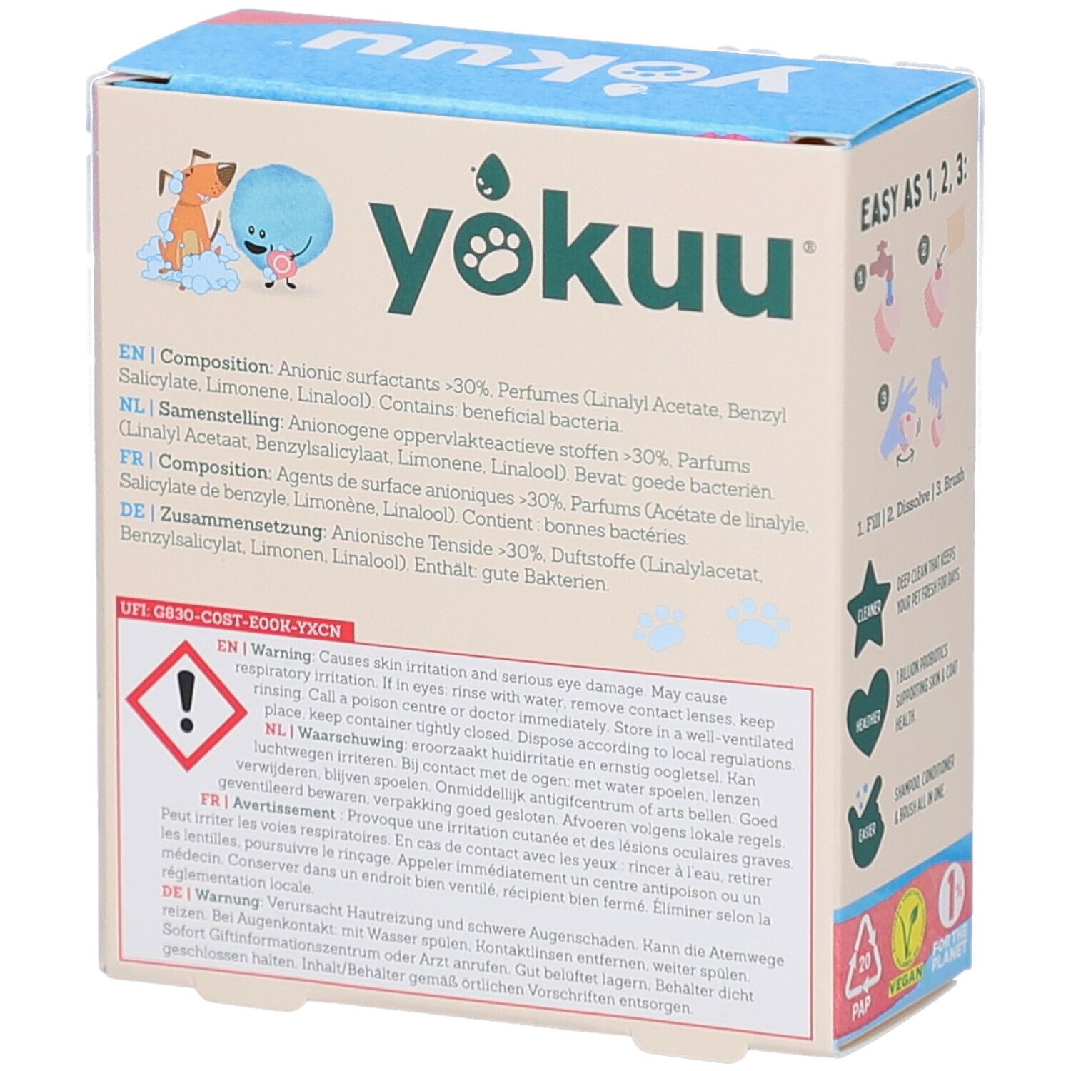 Kartonbox mit Yokuu Probiotic Pet Shampoo & Conditioner. Text mit Inhaltsstoffen und Warnhinweisen. Enthält 2x 50ml Produkt.