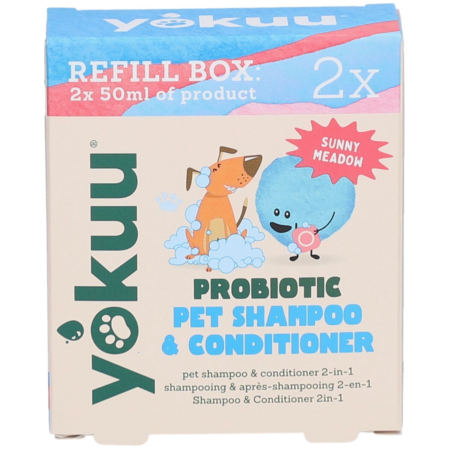 Kartonbox mit Yokuu Probiotic Pet Shampoo & Conditioner. Enthält 2x 50ml Produkt. Illustrationen von Hund und Seifenblase.