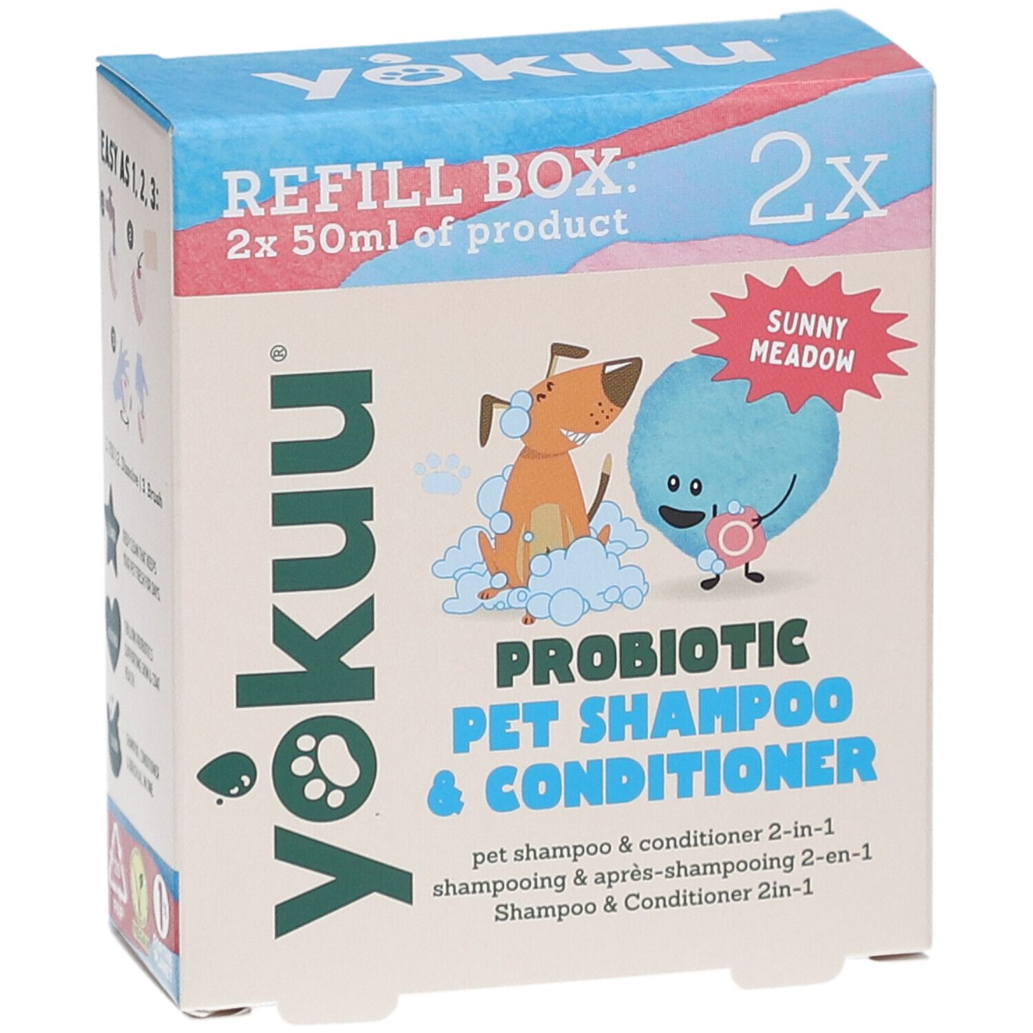 Kartonbox mit Yokuu Probiotic Pet Shampoo & Conditioner. Enthält 2x 50ml Produkt. Illustrationen von Hund und Seifenblase.