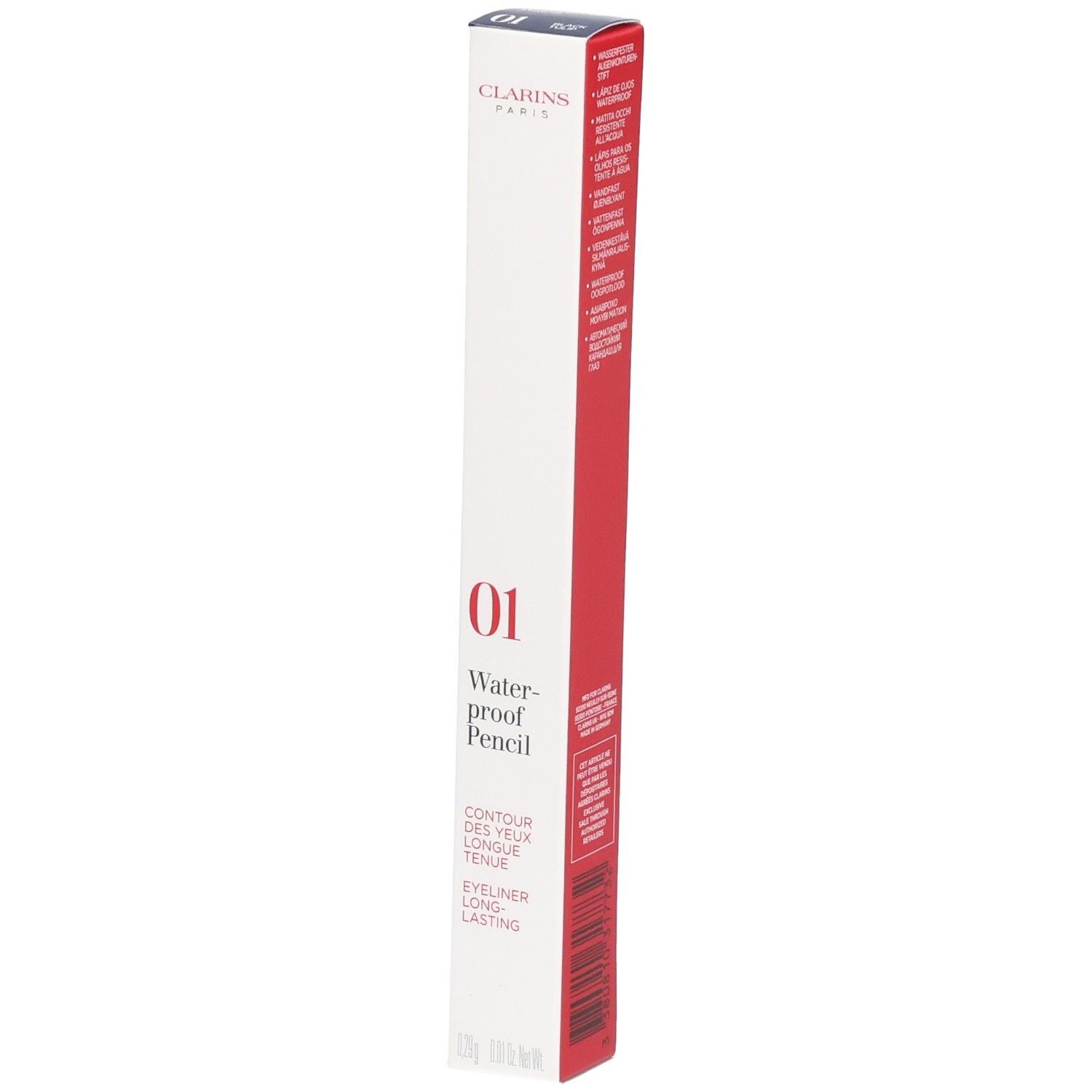 Clarins Waterproof Eye Pencil 01, schwarzer Tulpe. Rote und weiße Verpackung mit Produktinformationen.