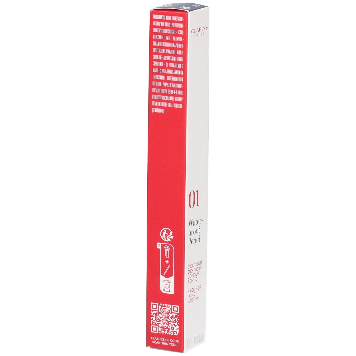 Clarins Waterproof Eye Pencil 01, schwarzer Tulpe. Rote und weiße Verpackung mit Produktinformationen und QR-Code.