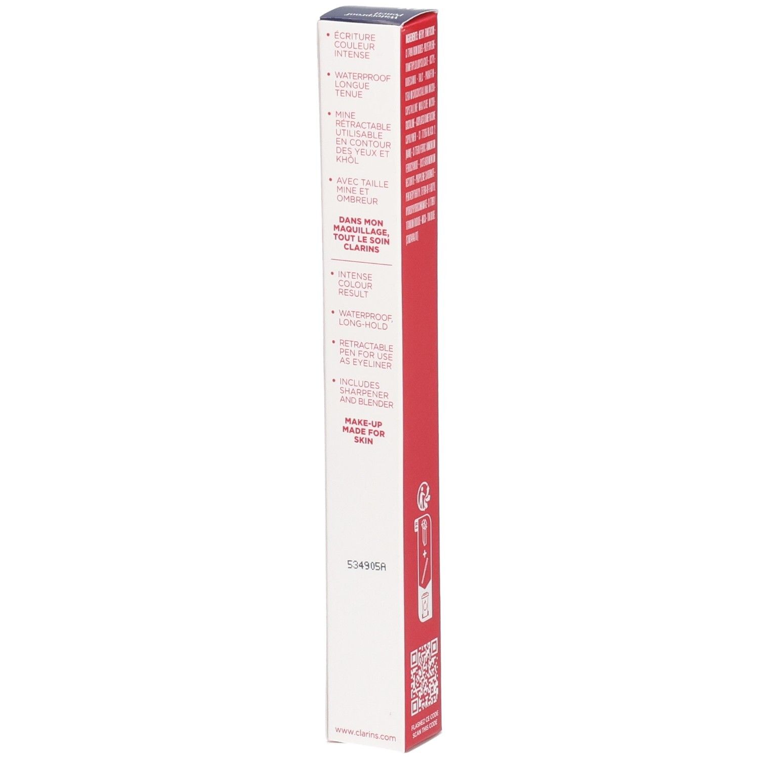 Clarins Waterproof Eye Pencil 01, schwarzer Tulpe. Rote und weiße Verpackung mit Produktmerkmalen und Barcode.