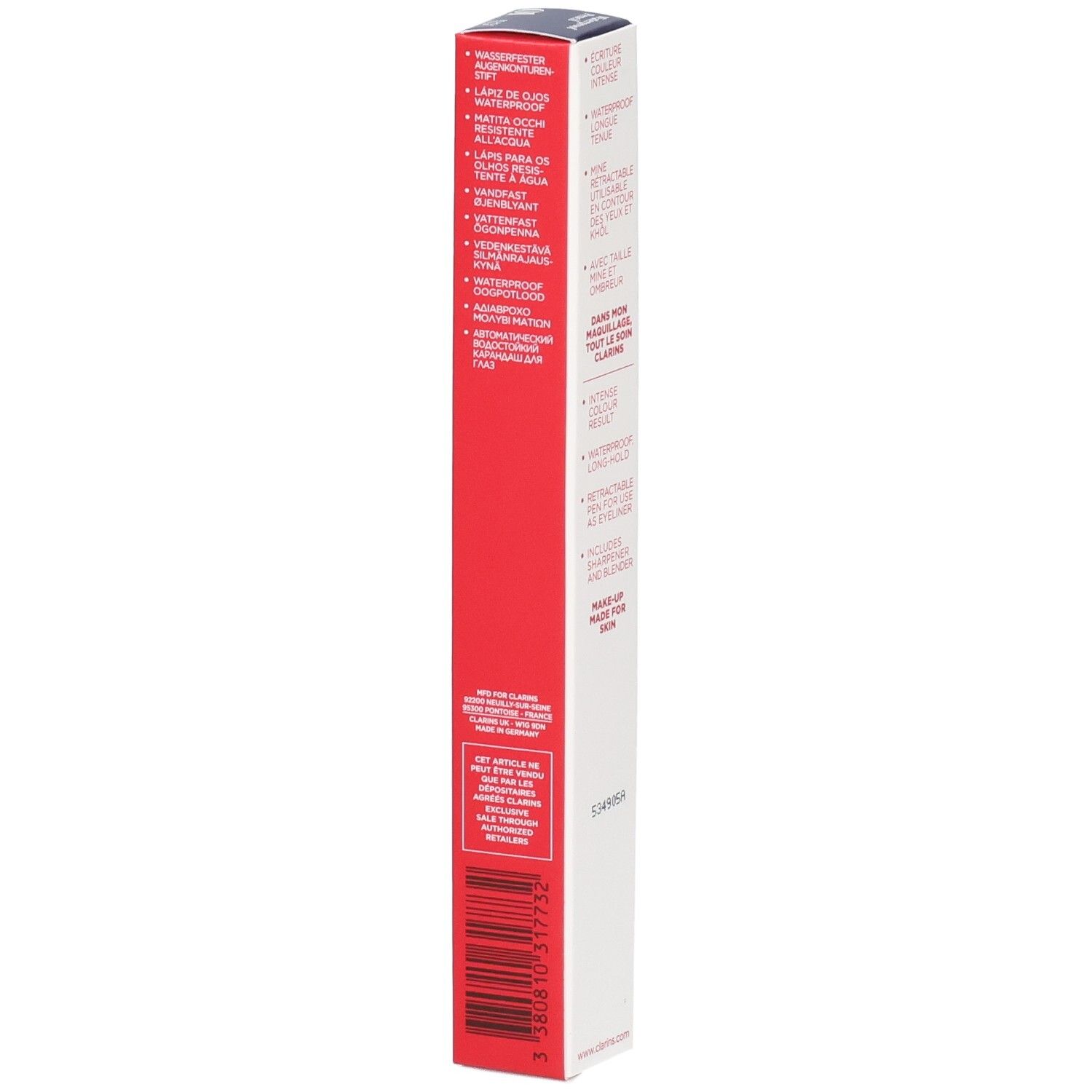 Clarins Waterproof Eye Pencil 01, schwarzer Tulpe. Rote und weiße Verpackung mit mehrsprachigen Produktinformationen.