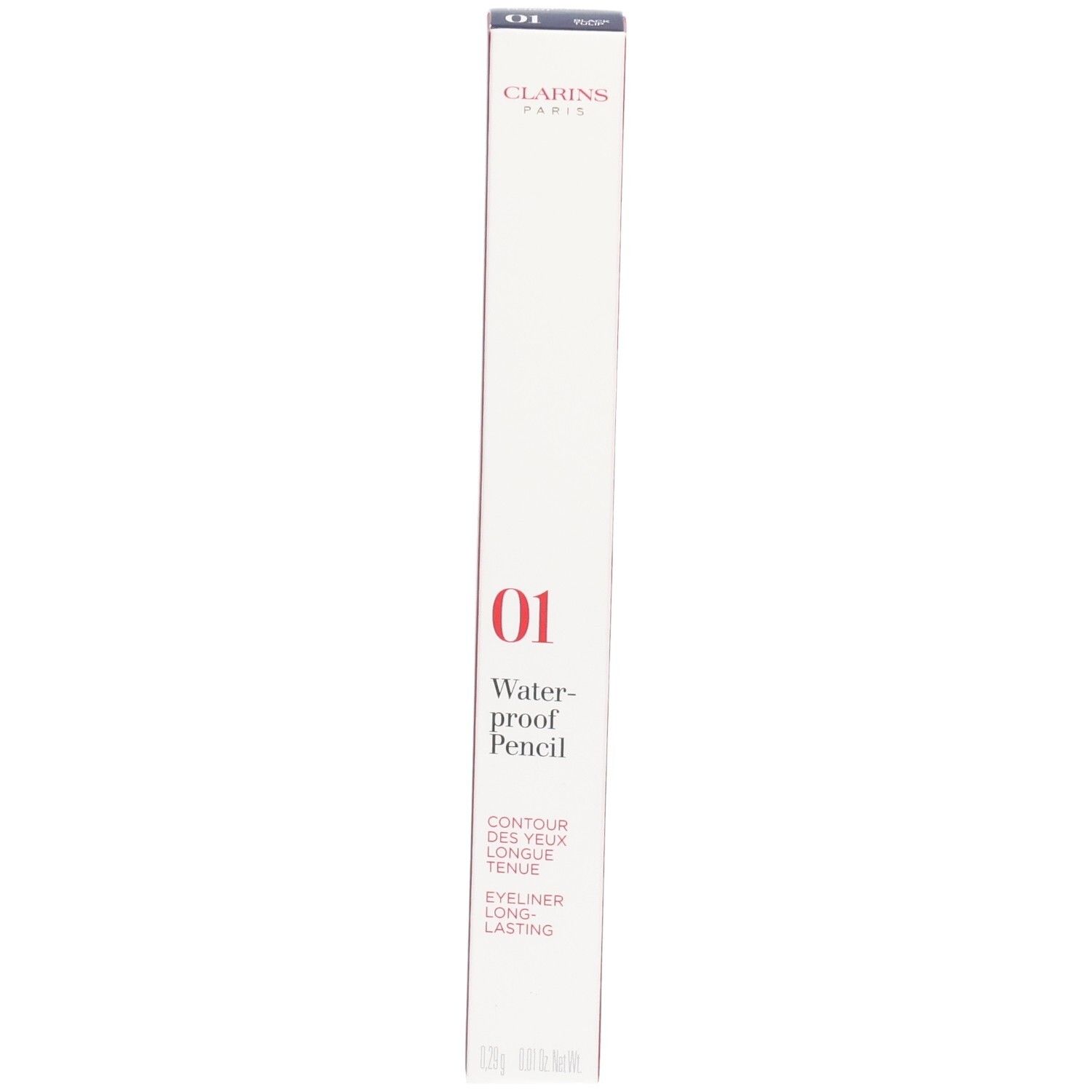 Clarins Waterproof Eye Pencil 01, schwarzer Tulpe. Rote und weiße Verpackung mit Produktinformationen.