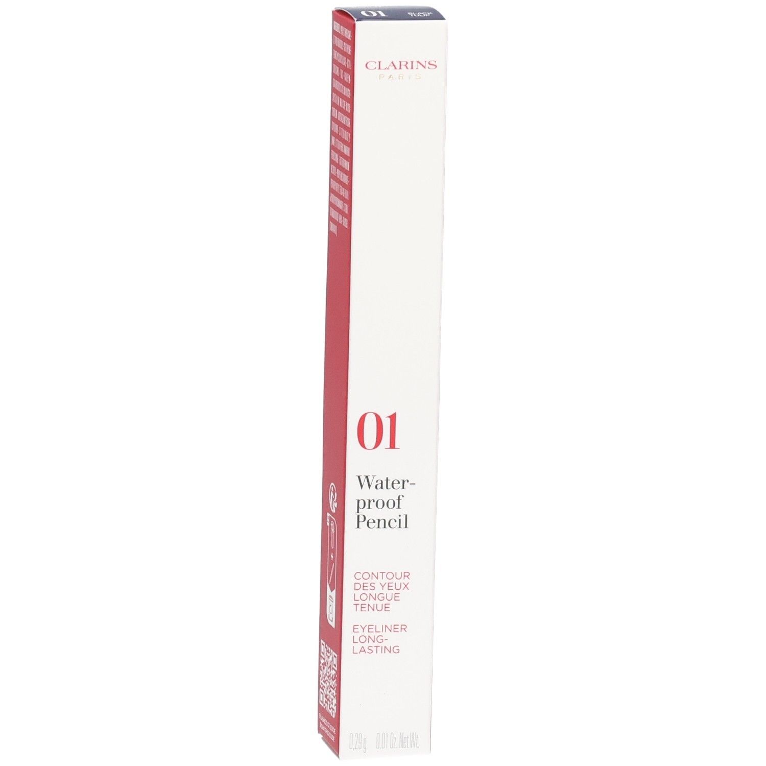 Clarins Waterproof Eye Pencil 01, schwarzer Tulpe. Rote und weiße Verpackung mit Produktinformationen und QR-Code.