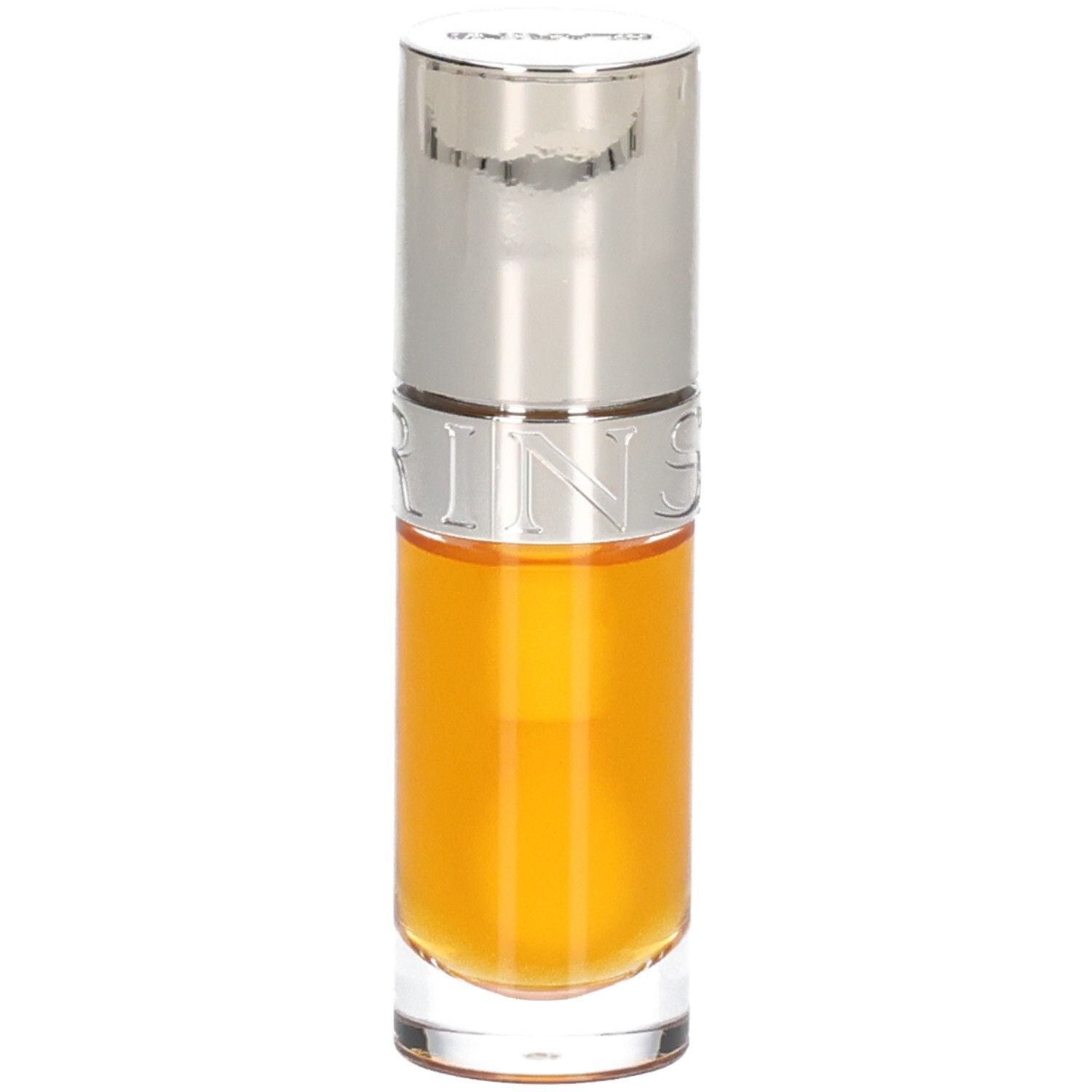Eine klare Glasflasche mit silbernem Verschluss, gefüllt mit goldenem Serum.