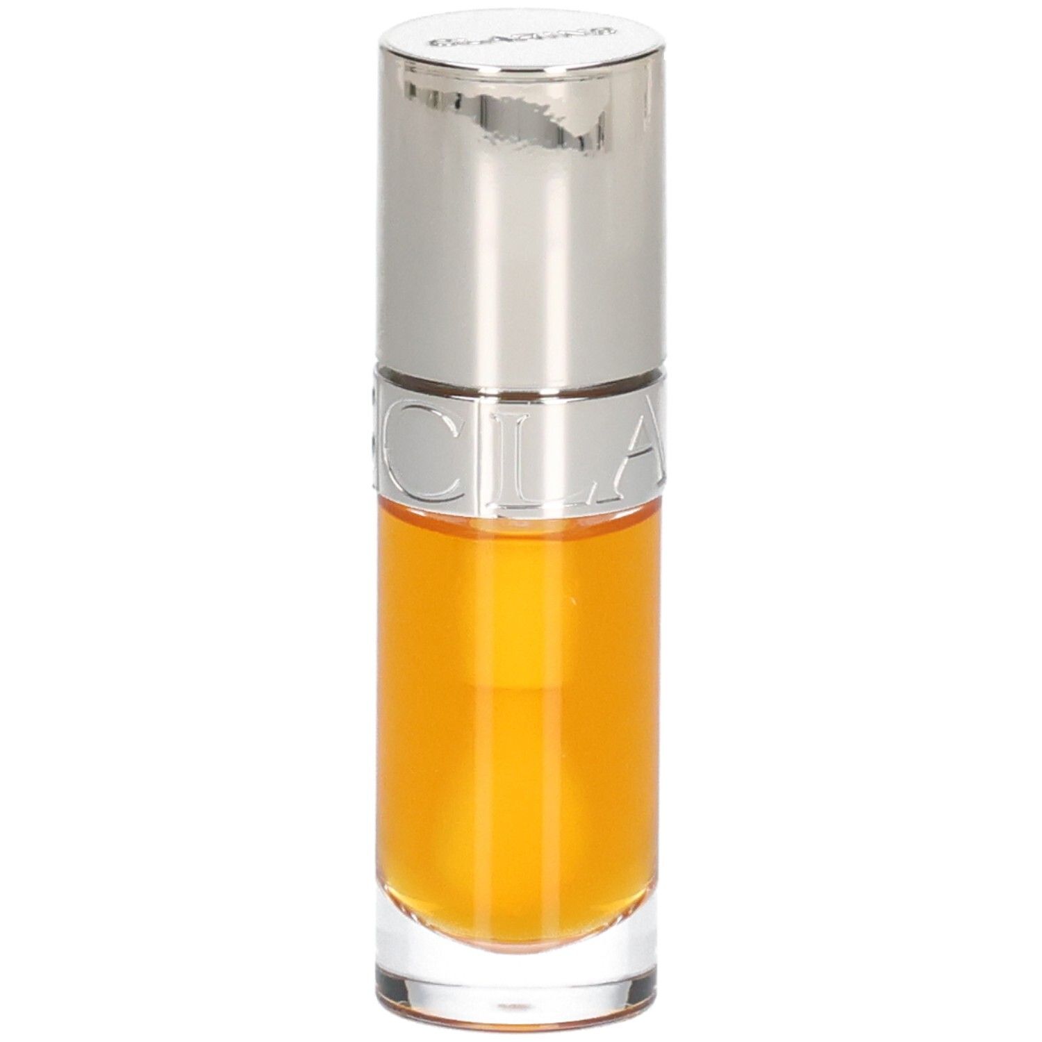 Ein kleiner, transparenter Glasflakon mit silbernem Verschluss und einem orangefarbenen Inhalt.