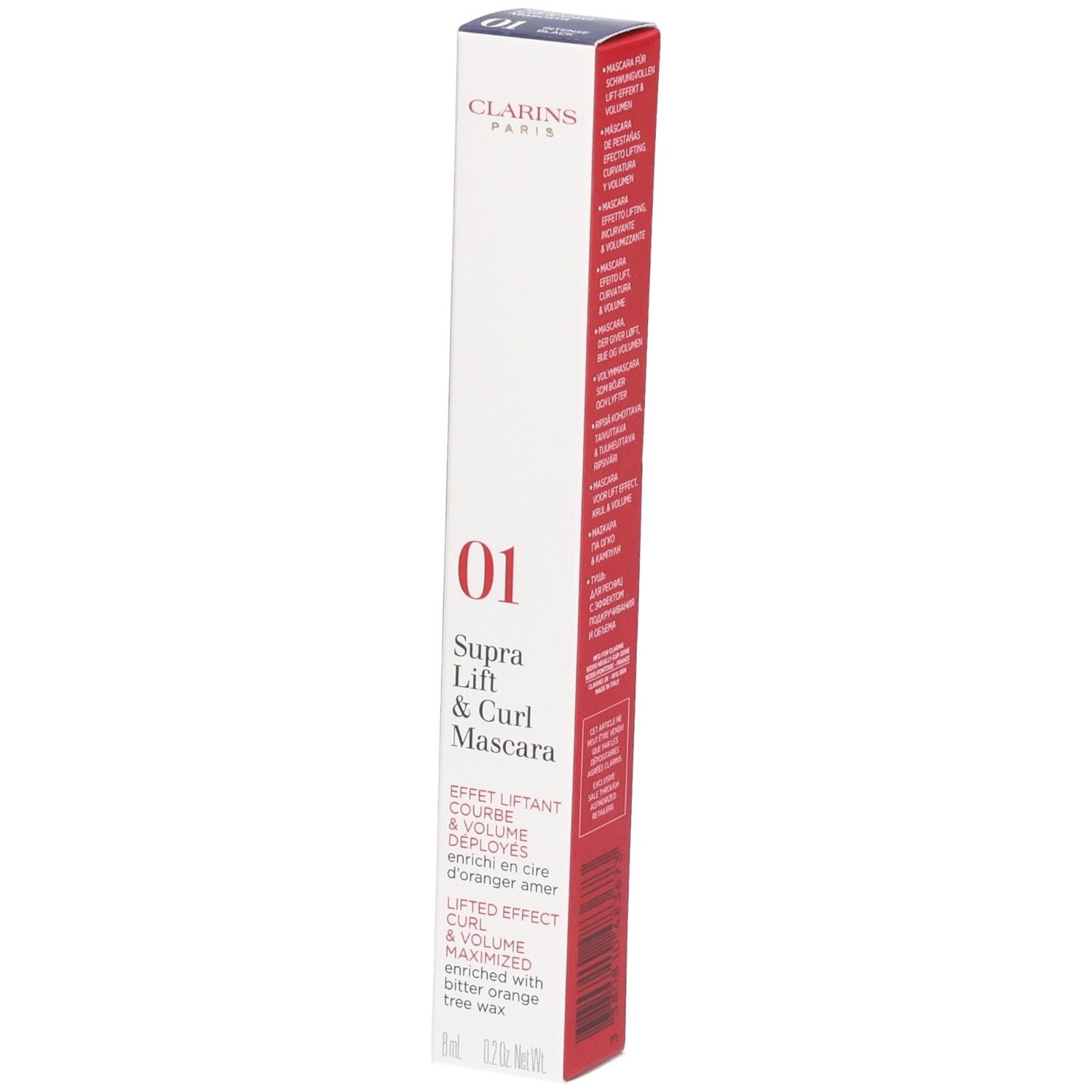Clarins Supra Lift & Curl Mascara Verpackung, Farbe 01, mit Produktinformationen und Barcode.